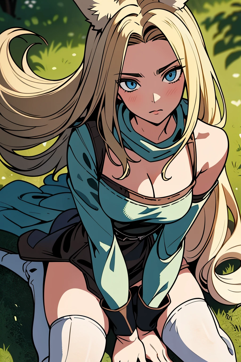 Beautiful 1girl, full body, teenager, solo, (very long waist length blonde hair, straight blonde hair: 1.28), ((light blue eyes)), clear skin, (large darker fox ears: 1.35), pale skin, medium breasts, cleavage, (thin hips, thin waist , athletic body: 1.25),  background, looking away, (revealing clothes, brown leather, cowl, cloak, corset, skirt, long boots, buckles, straps, pouches, green fabric, brown leather: 1.1), groping chest, kneeling in the sand, masterpiece, best quality,3d rending work ,3DMM style, close-up, portrait, 3D,