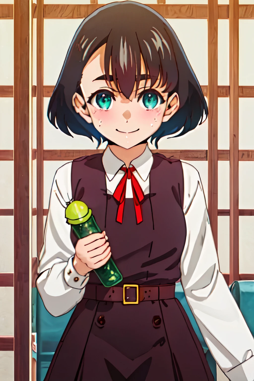 highest quality, masterpiece, High resolution, alone, {koganeikoito:1.15}, short_hair, black_hair, red面, green_eye, ribbon, head_ribbon, green_hair, jitome, red_ribbon, shirt, smile, alone_concentrated, drops of sweat, white_shirt, 1girl, belt, dress, holding, thick_Eyebrow, vest, indoors, length_sleeve, multiple_girl