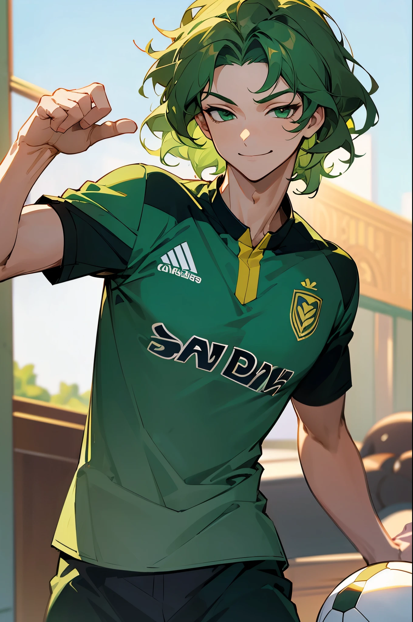 masterpiece, best quality, highres, 1male,young male, wavy hair, short hair, medium breasts, green hair, green eyes,smirk, soccer jersey,