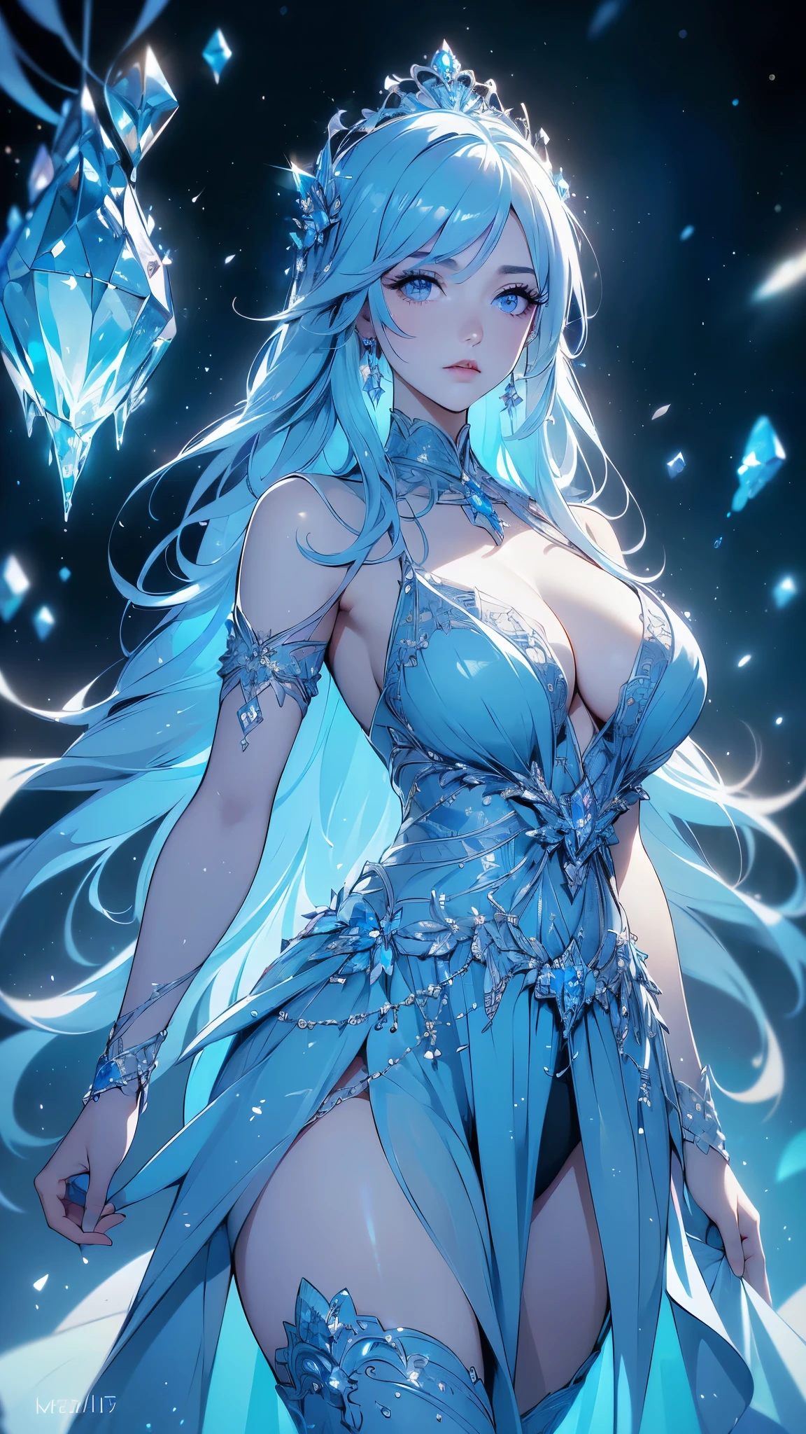 (obra maestra:1.3), ((Mejor calidad:1.3),imagina una flor de mujer de cristal, Her exquisite figure is like a sculptural work of art., llorando en el cielo estrellado. The blue night enveloped her, Casting a melancholic light on his ethereal figure. Her glass Brillo corporals with bright blue hues, Every line and curve is etched with intricate details.. El cristal de sus ojos refleja las estrellas titilantes., Reflecting the infinite depth and emotion of the universe.. Your sadness is beyond words., Pero su hermosa figura no se ve afectada., Proof of the extraordinary power of emotion. Esta mujer de cristal 4K es una imagen exquisita de luces y sombras., color, y sintiendo, llegar,Brillo corporal,linea brillante,fluorescencia,Ejemplo luminoso,Ejemplo de seguimiento,destello,萤light particles,iluminar desde el fondo,translucent,light particles,correct human anatomy,(mostrando panties :1.4),(convexo dedos detailed),( fondo caverna piedras grandes congelado hielo :1.4), 16k,( cristales gigante de cuarzo paredes :1.4)