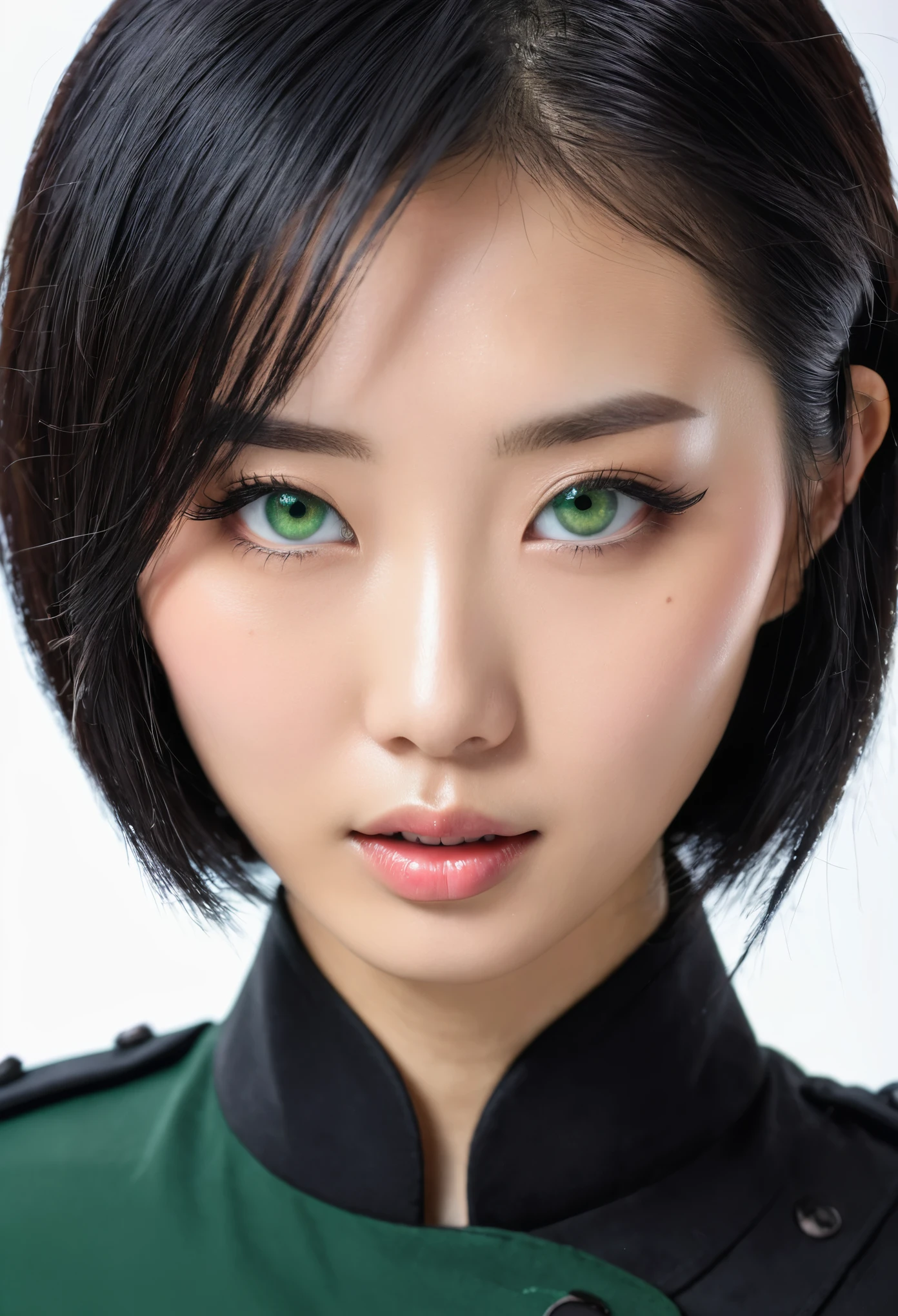 High Resolution, 1 girl, chinesin, kurze haare, hole body sichtbar, schwarze haare, schwarze uniform, gerade stehend, schlank, Green eyes, haut, poren, hole body, alleine