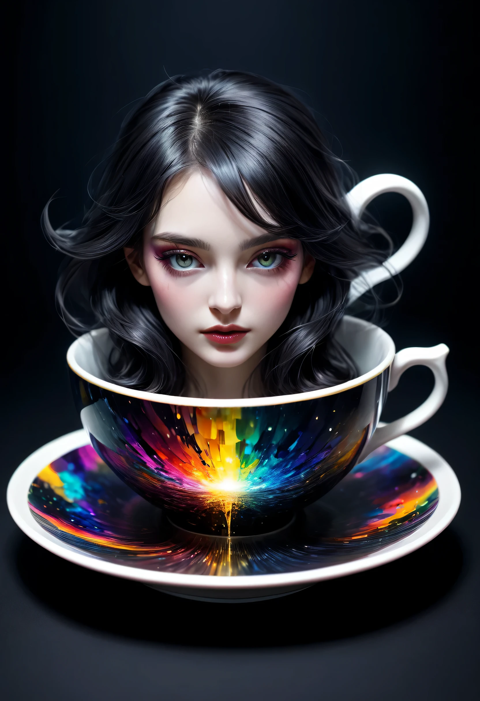 pitch black dark background, [giant teacup : woman : 8] , abstract, [muted colors : vivid colors : 8], by Anna Dittman, Dan Hillier, Jean Nouvel, Germaine Krull, glitch art, dark art, Photorealistic, Hype realistic, Hyperdetailed, analog style, detailed skin, matte skin, soft lighting, subsurface scattering, realistic, heavy shadow, masterpiece, best quality, ultra realistic, 8k, golden ratio, Intricate, High Detail, film photography, soft focus