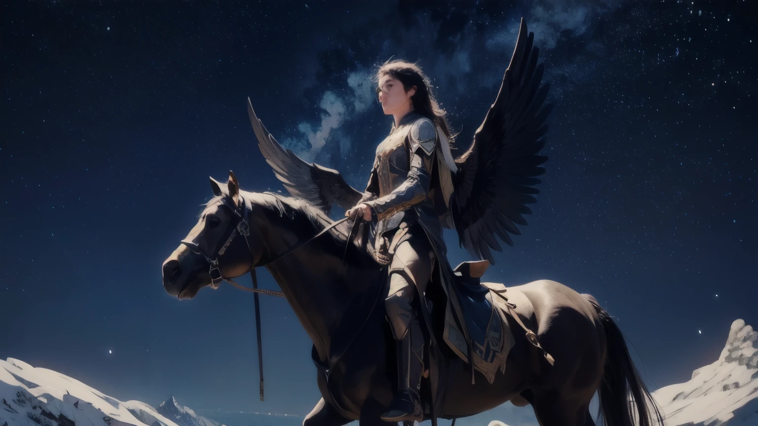 A breathtaking panoramic view of a starry night sky, with the Enchanted Steed soaring gracefully amidst the twinkling constellations, its wings spread wide and the prince Amir  seated atop, gazing in wonder.