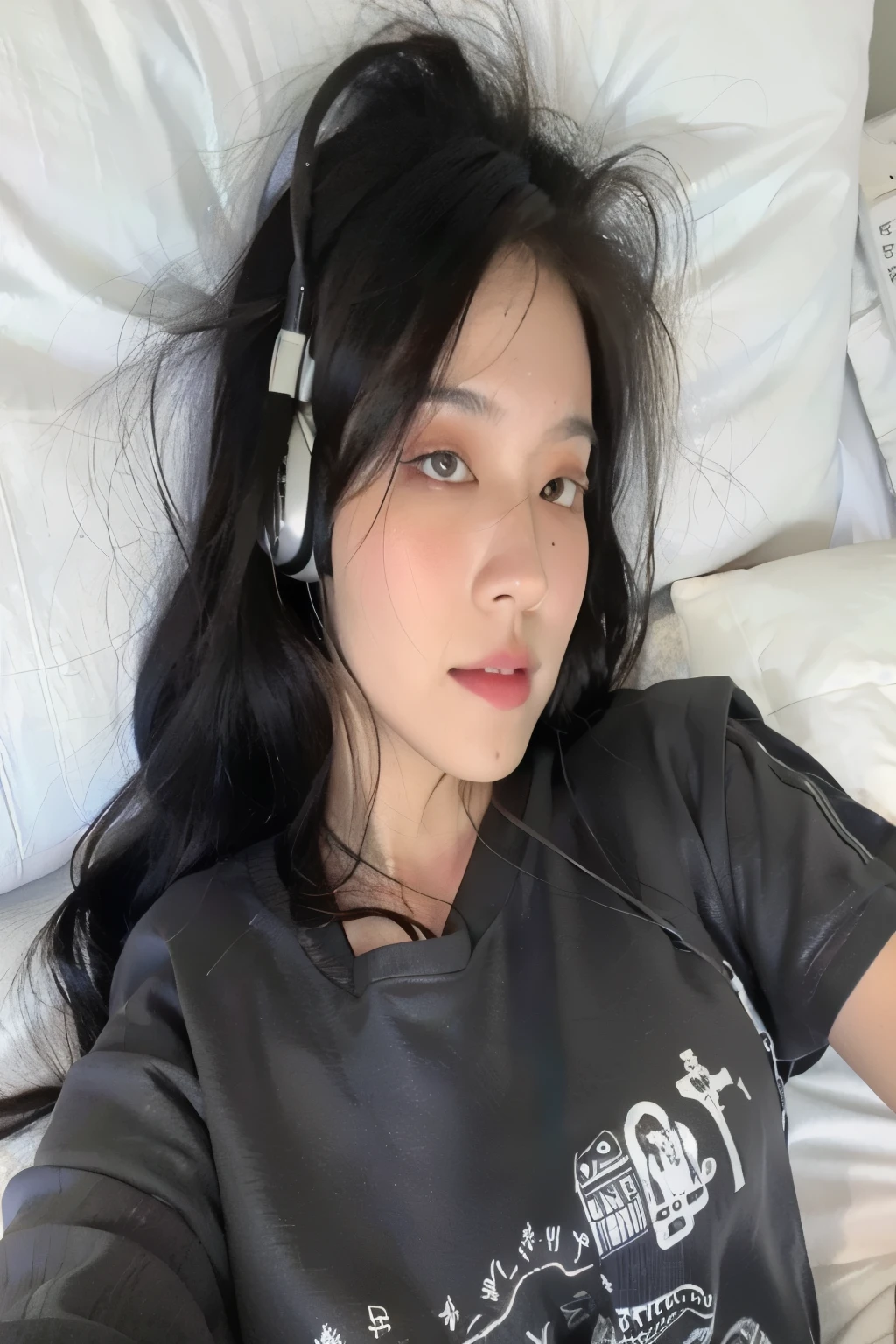 arafed woman deitado na cama with headphones on her ears, sem maquiagem, na minha cama, posando na cama, gema chen, wenfei you, basia tran, primeira onda, Lulu Chen, laying back Em cima da cama, mai anh tran, enquanto posava na mesma cama, gongbi, Xintong Chen, deitado na cama, Em cima da cama