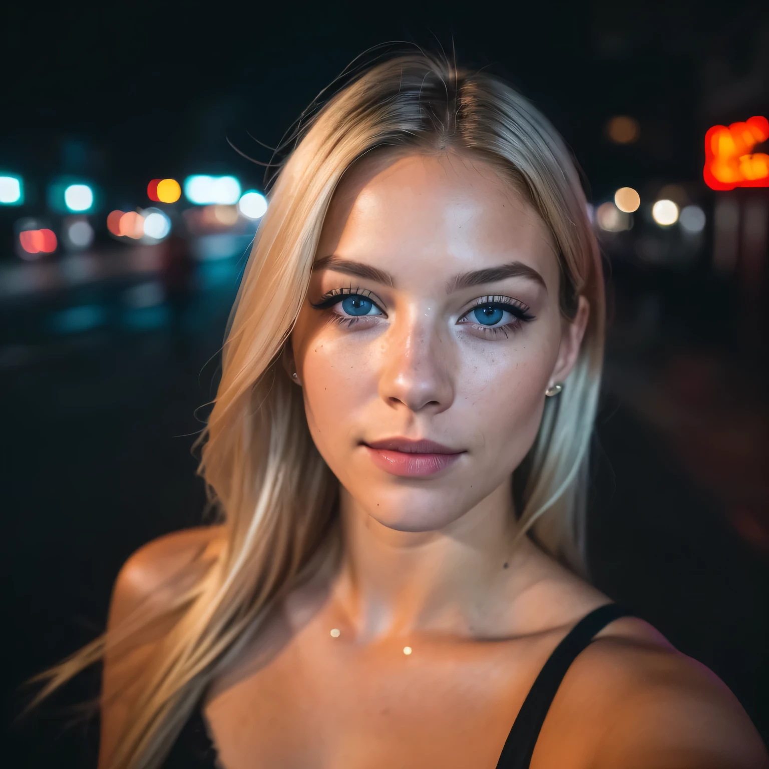 (selfie, top view: 1.4), (straight half of the body: 1.4), RAW UHD portrait photo of a 24-year-old blonde (blue-eyed woman) walking down a dark alley, large breasts,, city at night, (skirt), (neckline), details (textures! , hair! , glitter, color!! , disadvantages: 1.1), glossy eyes with high detail (looking at the camera), SLR lighting, SLR camera, ultra-quality, sharpness, depth of field, film grain (center), Fujifilm XT3, crystal clear, frame center, beautiful face, sharp focus, street lamp, neon lighting, bokeh (dimly lit), night, (night sky), detailed skin pores, oily skin, sunburn, complex eye details, full body