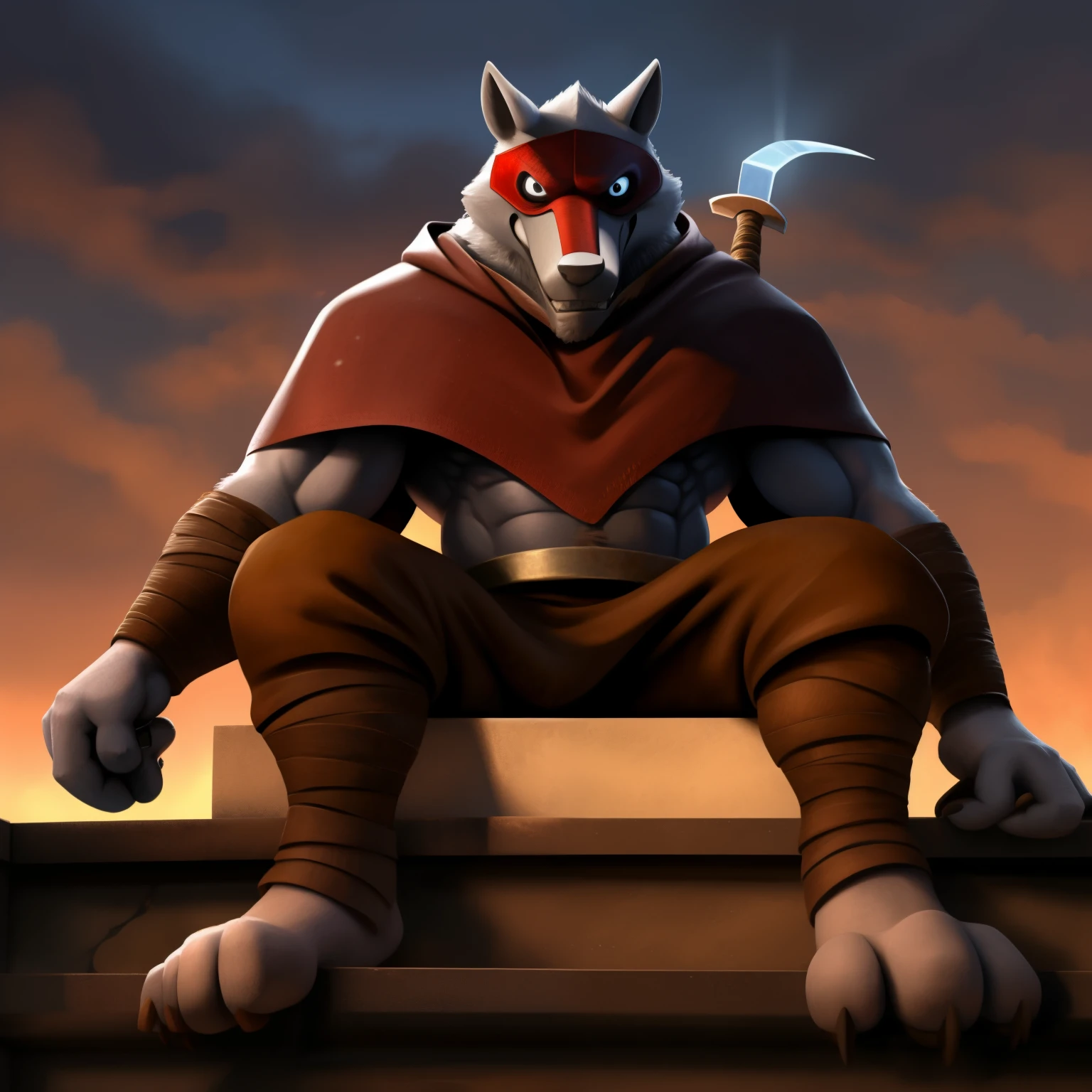 (ByIdleArtisan, by ZorrificAnimator, by AnimationZorro), full body, muscular, animated, masked, swordsman, brown leather outfit, detailed eyes, expressive, intricately designed mask, dominated by red cape, dramatic pose, holding sword, realistic shadows, bustling Mexican town background, sitting on a balcony overlooking the scene, looking directly at the viewer, emanating a sense of mystery and adventure, high-quality animation, ultra detailed, trending on Vimeo and YouTube.