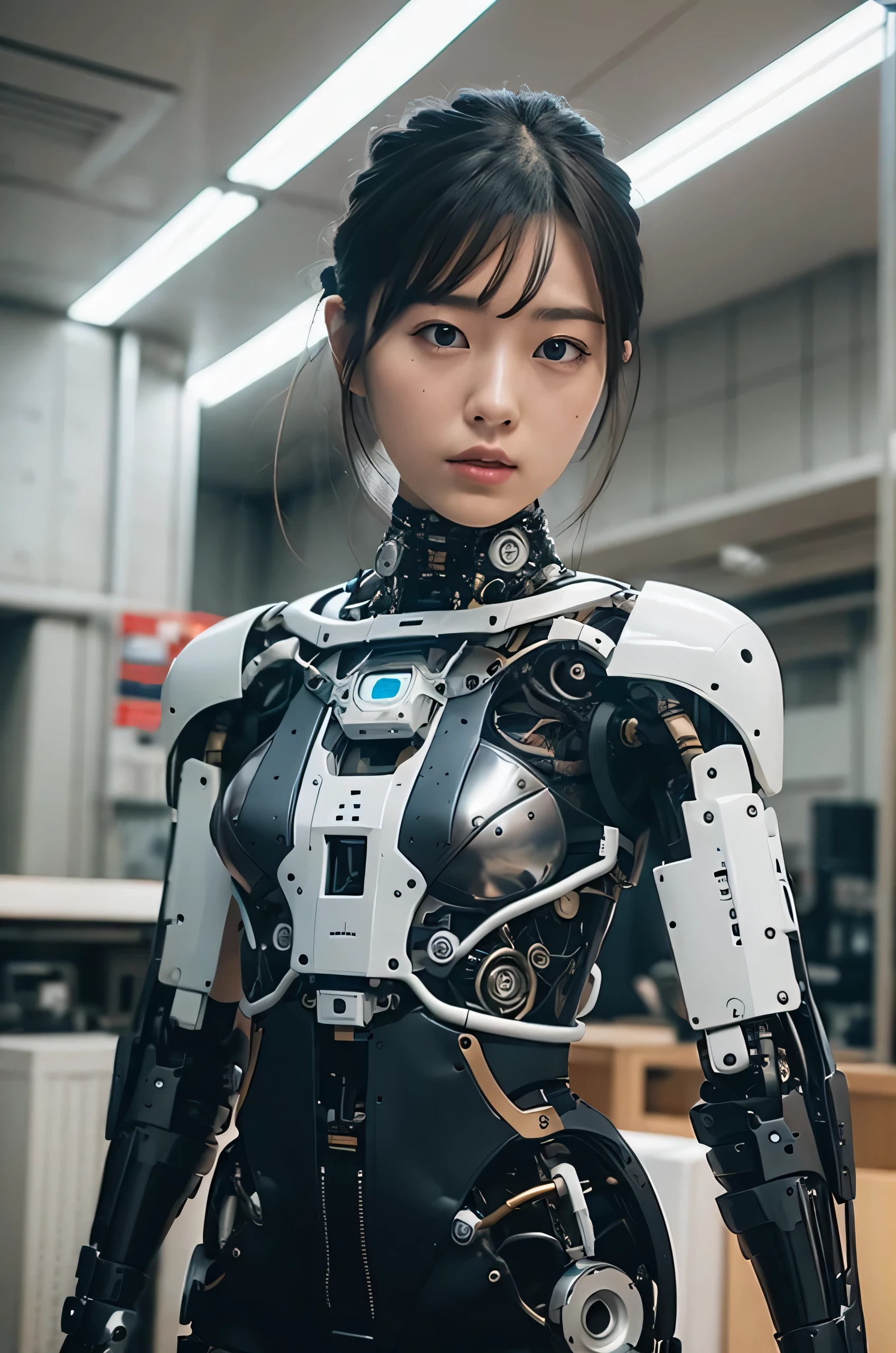 masterpiece, Best Quality, Extremely detailed,8K portrait,Japaese Cyborg Girl,Plump , announcer,control panels,android,Droid,Mechanical Hand, , Robot arms and legs, Black Robot Parts,Black hair,Mechanical body,Blunt bangs,White Robotics Parts,perfect robot woman,The laboratory of the future,cyberpunked,Charging spot,laboratory,Long Tube,A thick cable was connected to her neck.,ceramic body ,Mechanical body, mechanical ear covers,android,robot humanoid,loose boots,dark black tights,Miniskirt,a bit chubby,panty,blue eyes,
