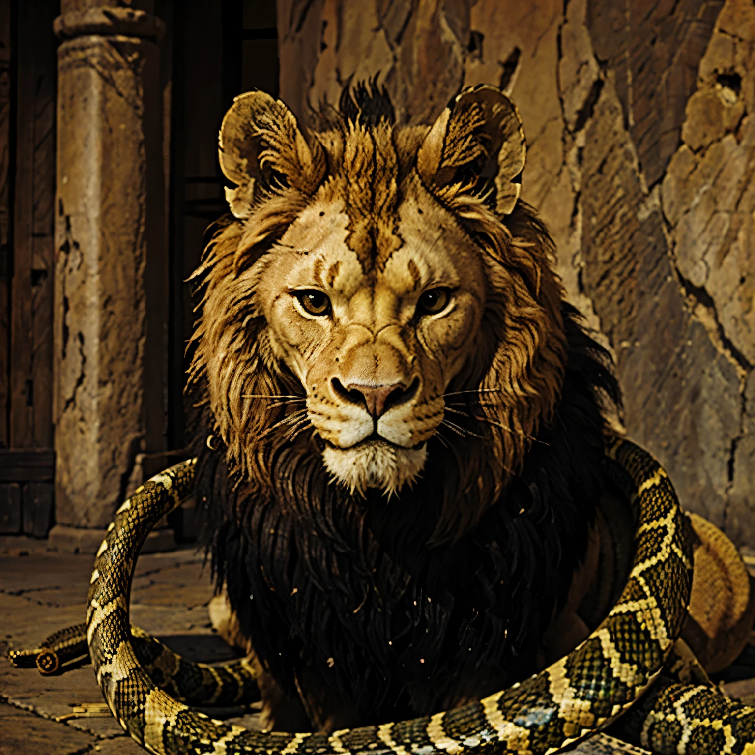 Lion with snake head and thorn in the eye