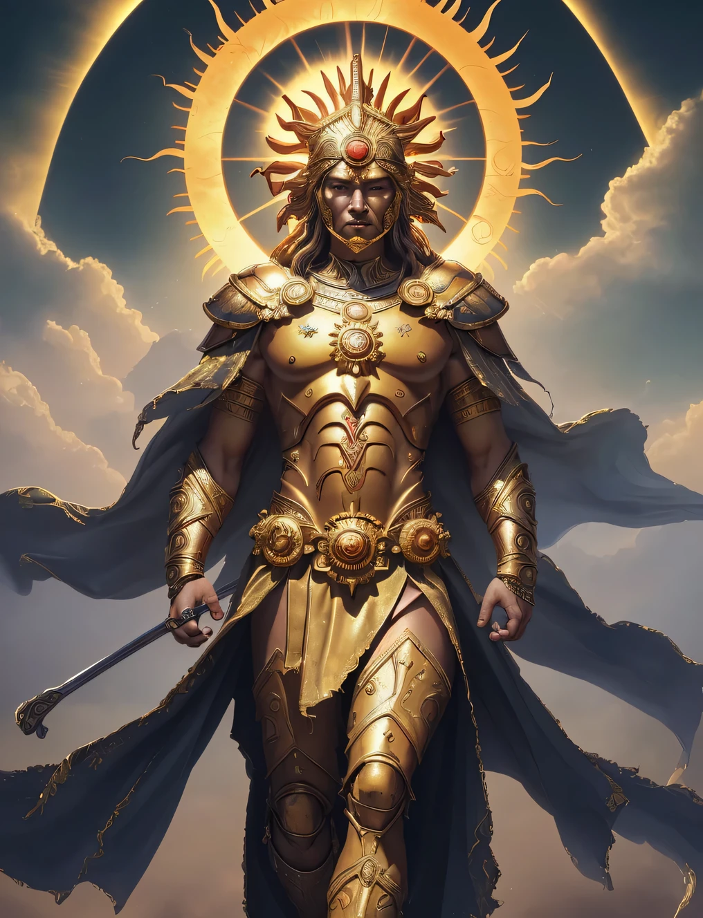 (best quality,highres,masterpiece:1.2),ultra-detailed,realistic:1.37,sun god,warrior,hero,background effects,man,sun