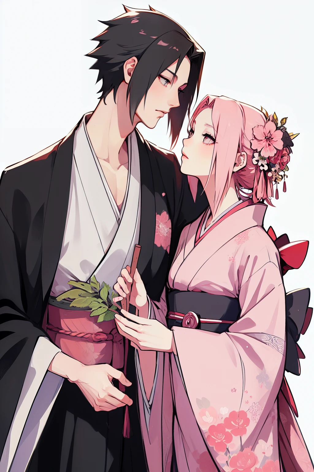 Sasusaku. Sasuke, the tall, handsome man with chiseled features, piercing black eyes, and black hair. He's wearing a kimono, he's a prince. The woman is sakura, equally stunning with soft features and delicate features, her hair is short and pink that falls elegantly around her face, adding to her romantic and dreamy appearance. She is wearing a kimono. The couple is in a ceremony at a temple. hands down.