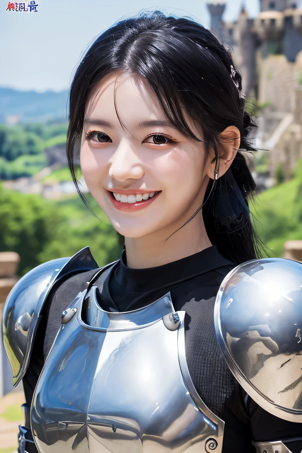 highest quality、４Ｋ、The background is a castle、slender body shape、female knight、black hair、smile、beautiful teeth、hairstyle shortcut、ear piercing、Upper body、Luxurious Silver Armor、