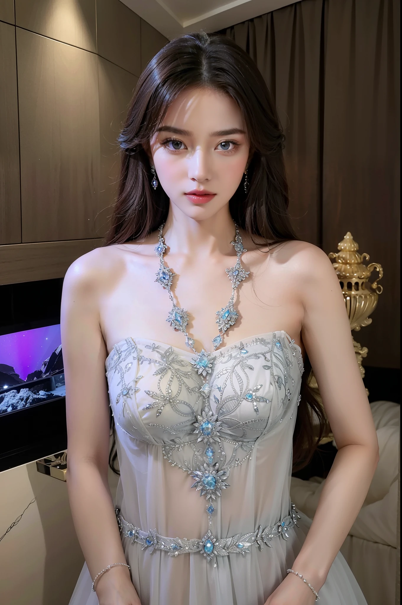 Royal sister,exquisite eyes,Detailed facial expressions body,tall figure,Leg length,4K,HD,translucent lace,Fair and plump figure,pretty face,Little cherry mouth,beautiful and delicious(3D royal sister),exquisite dress,Wear crystal jewelry,Gorgeous crystal gems,Gem and jewelry crown,The color of the picture is very bright,Gorgeous ice and snow princess,Very gorgeous and noble dress,Photo quality,High-end aesthetics,Ornate decoration,Blue pupils are like the starry sky,apply lipstick,goddess,Breasts are big,