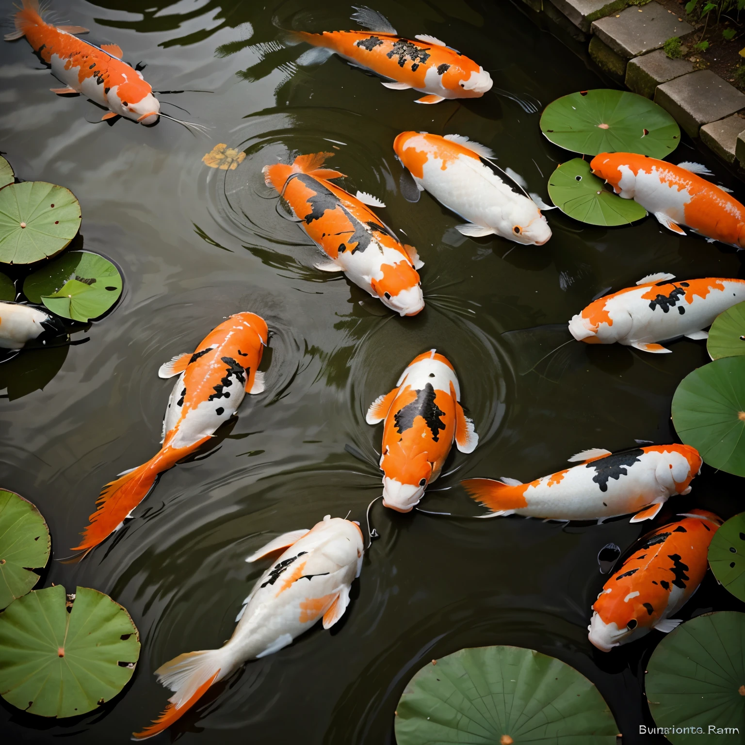 Nine koi fish and lotus 