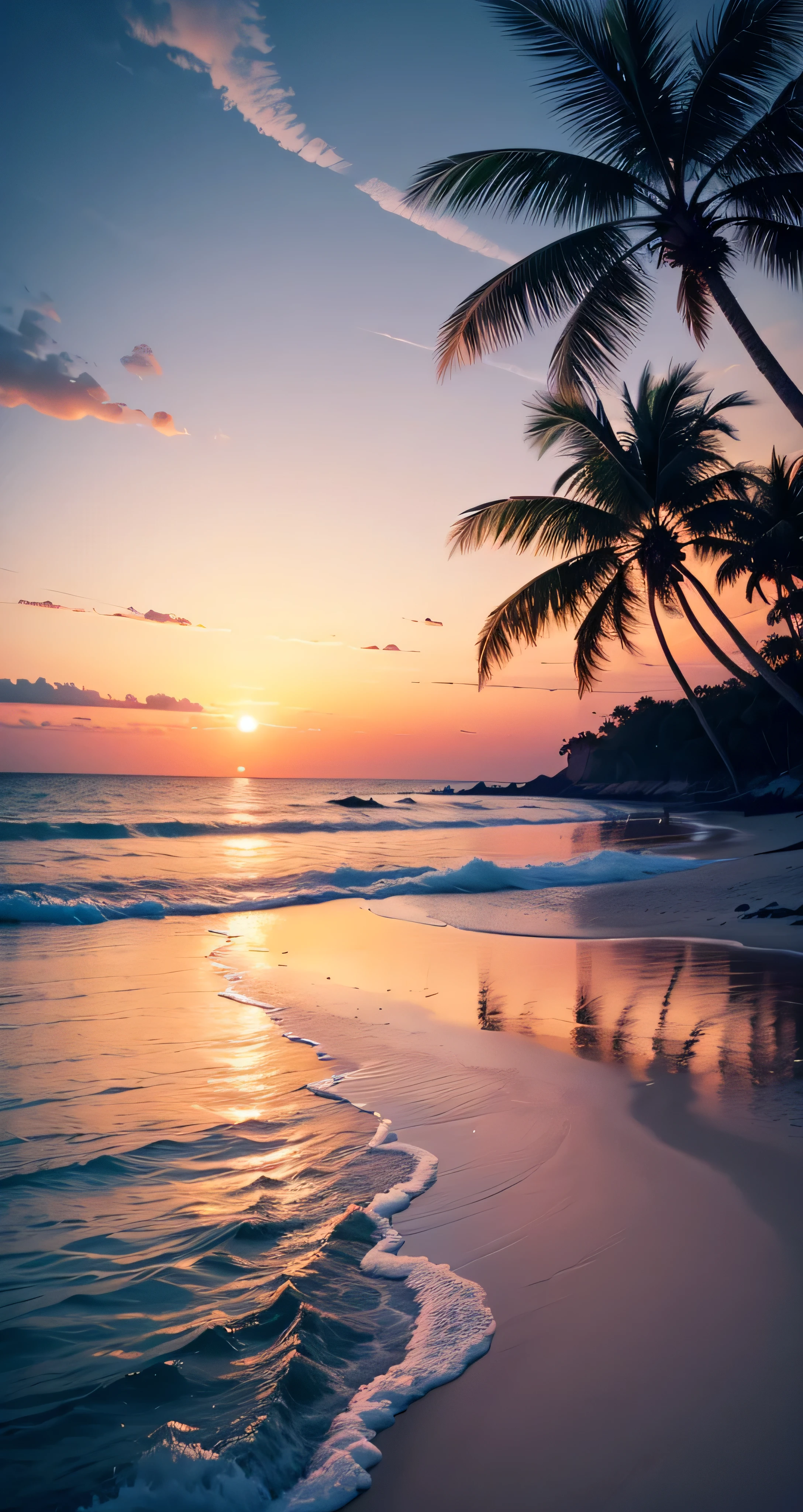 An absolutely mesmerizing sunset on the beach, com uma mistura de laranja, rosa, and yellow in the sky. The water is crystal clear, beija suavemente a costa, And the white sand is endless. The scene is dynamic and breathtaking, with seagulls flying high in the sky and palm trees gently swaying. Immerse yourself in the calm atmosphere and let the serenity envelop you.
