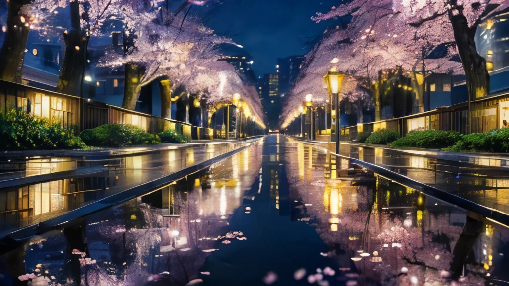 ((highest quality)), ((masterpiece)), (be familiar with), late night,cherry blossoms,light up,front,landscape,city,Tokyo,group of buildings,dynamic,nostalgic,after the rain,reflection in a puddle