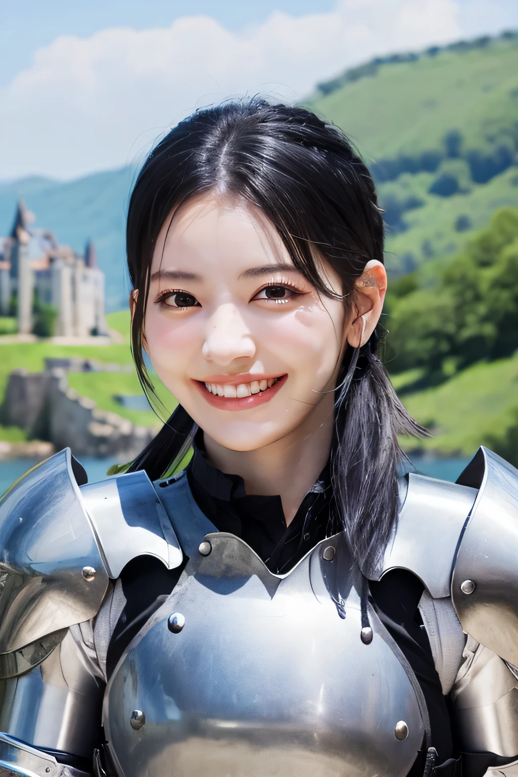 highest quality、4K、The background is a castle、slender body shape、female knight、black hair、smile、beautiful teeth、hairstyle shortcut、ear piercing、full body photo、Luxurious Silver Armor、