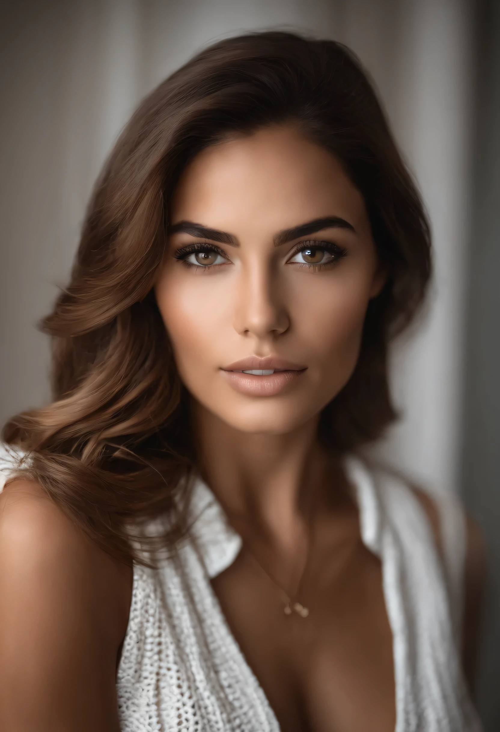 Femme latina vêtue d'un débardeur blanc et d'un collier, aux yeux marron perçants.  elle a de longs cheveux bruns encadrant son visage rond. Un selfie captivant d'une jeune femme d'affaires, au regard assuré, sans maquillage, showcasing its natural beauty. His face is lit by the light from the living room, subtly highlighting your features with light makeup. La photo met en avant son corps, capturing every curve elegantly. His light brown eyes shine intensely, capturant l'attention de quiconque les regarde. Every angle is carefully chosen to highlight its beauty, avec une pose à la fois attrayante et sexy. jupe grise et  bottes, ajoutant une touche de sophistication à son allure. 