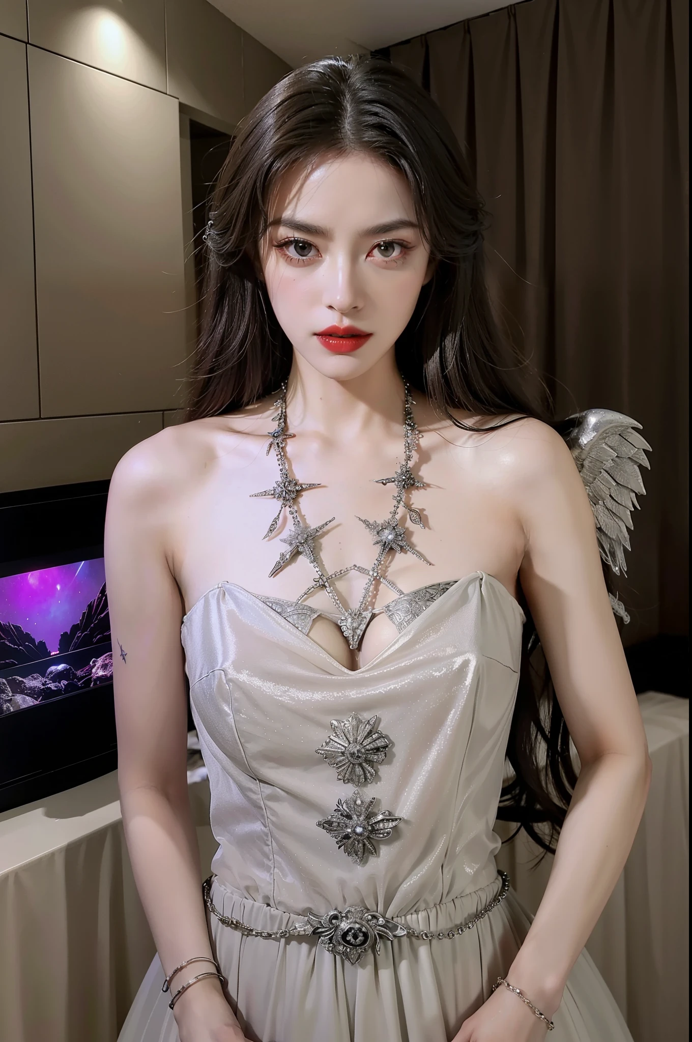 beautifully,box full of swords images,wing, succubus theme,fallen angel,Excellent,scary,secret horror,tentacle,have eyes,uncanny valley effect,blood moon,skull skeleton,vampire,Hellfire,female devil,Swarovski crystals,vampire公主,High quality facial details,Photo quality,luxury,High-end aesthetics,Deep starry sky eyes,apply lipstick,