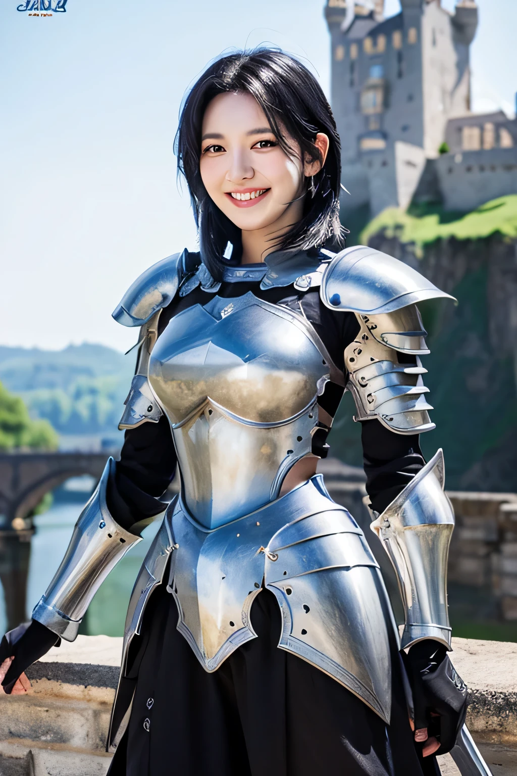 highest quality、4K、The background is a castle、slender body shape、female knight、black hair、smile、beautiful teeth、hairstyle shortcut、ear piercing、full body photo、Luxurious Silver Armor、