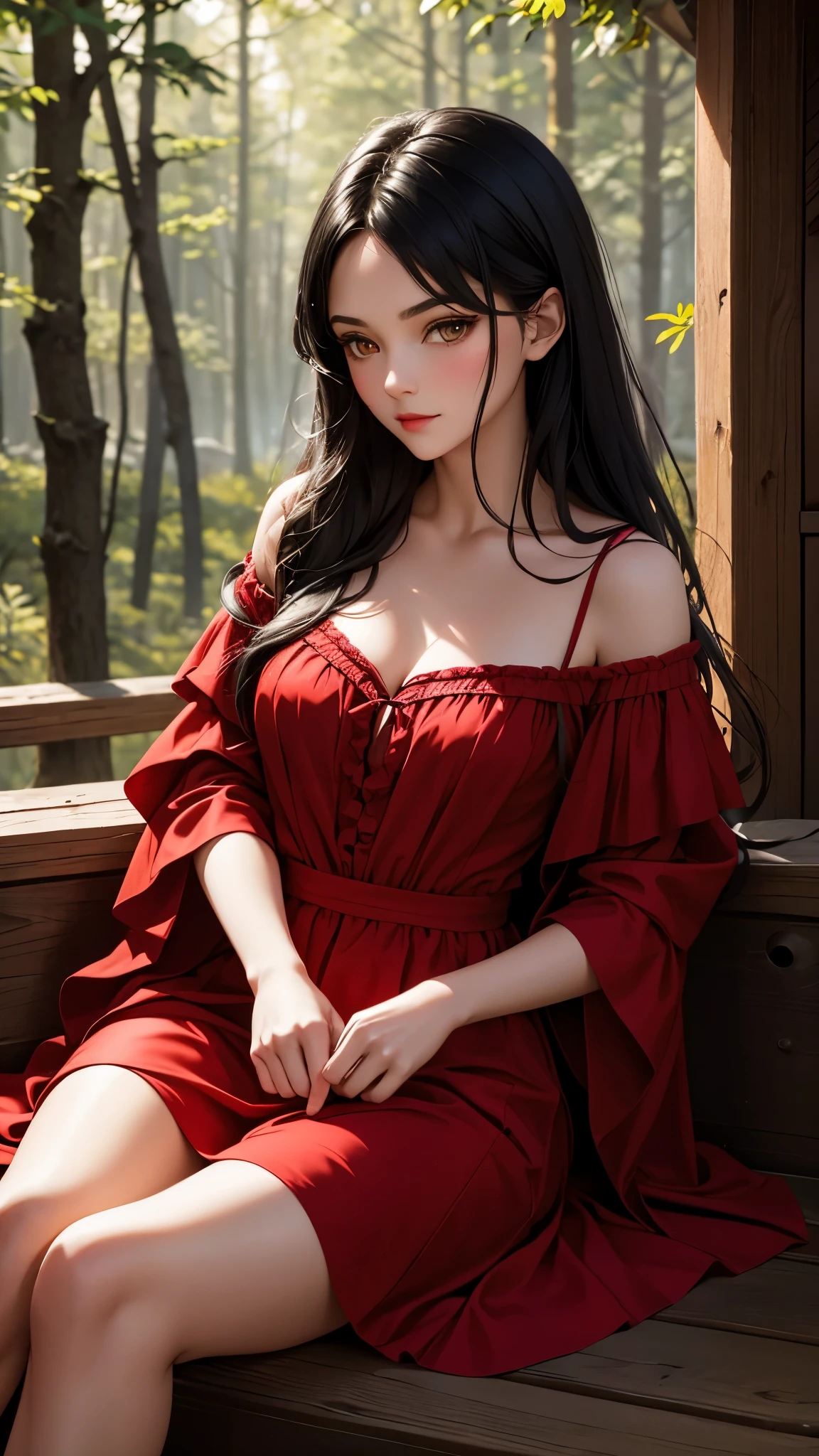 Little red riding hood with brown eyes and black hair lake in sensual clothes lying on a bed in a cabin in the forest masterpiece of the highest quality daring photo shoot 