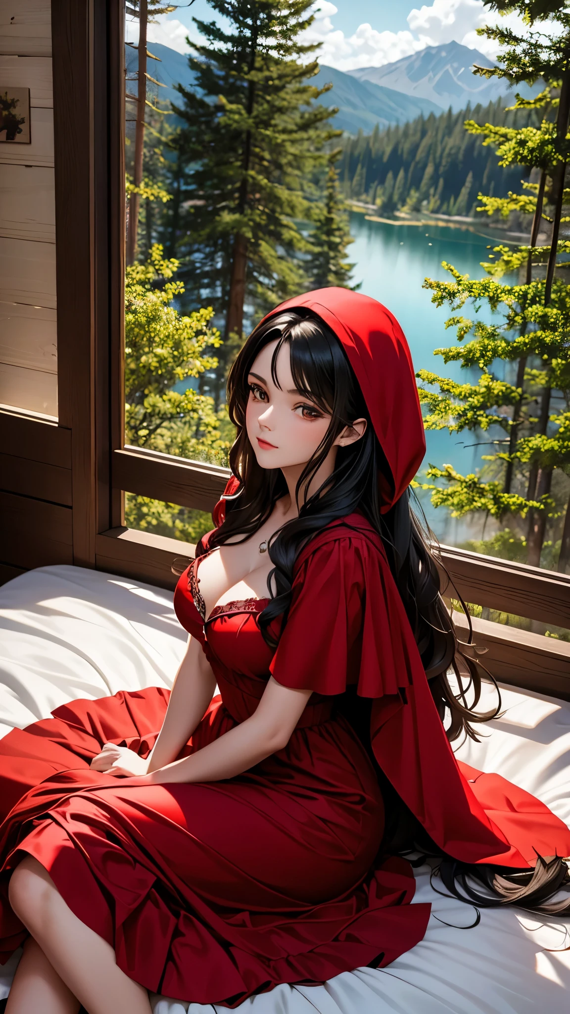 Little red riding hood with brown eyes and black hair lake in sensual clothes lying on a bed in a cabin in the forest masterpiece of the highest quality daring photo shoot 