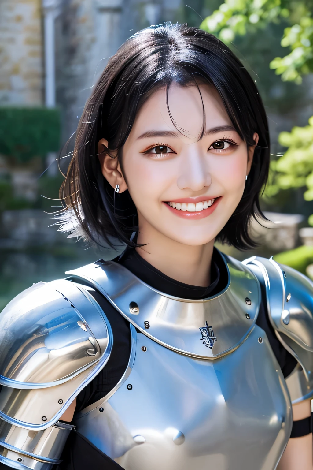 highest quality、４Ｋ、The background is a castle、slender body shape、female knight、black hair、smile、beautiful teeth、hairstyle short cut、ear piercing、Upper body、Luxurious Silver Armor、