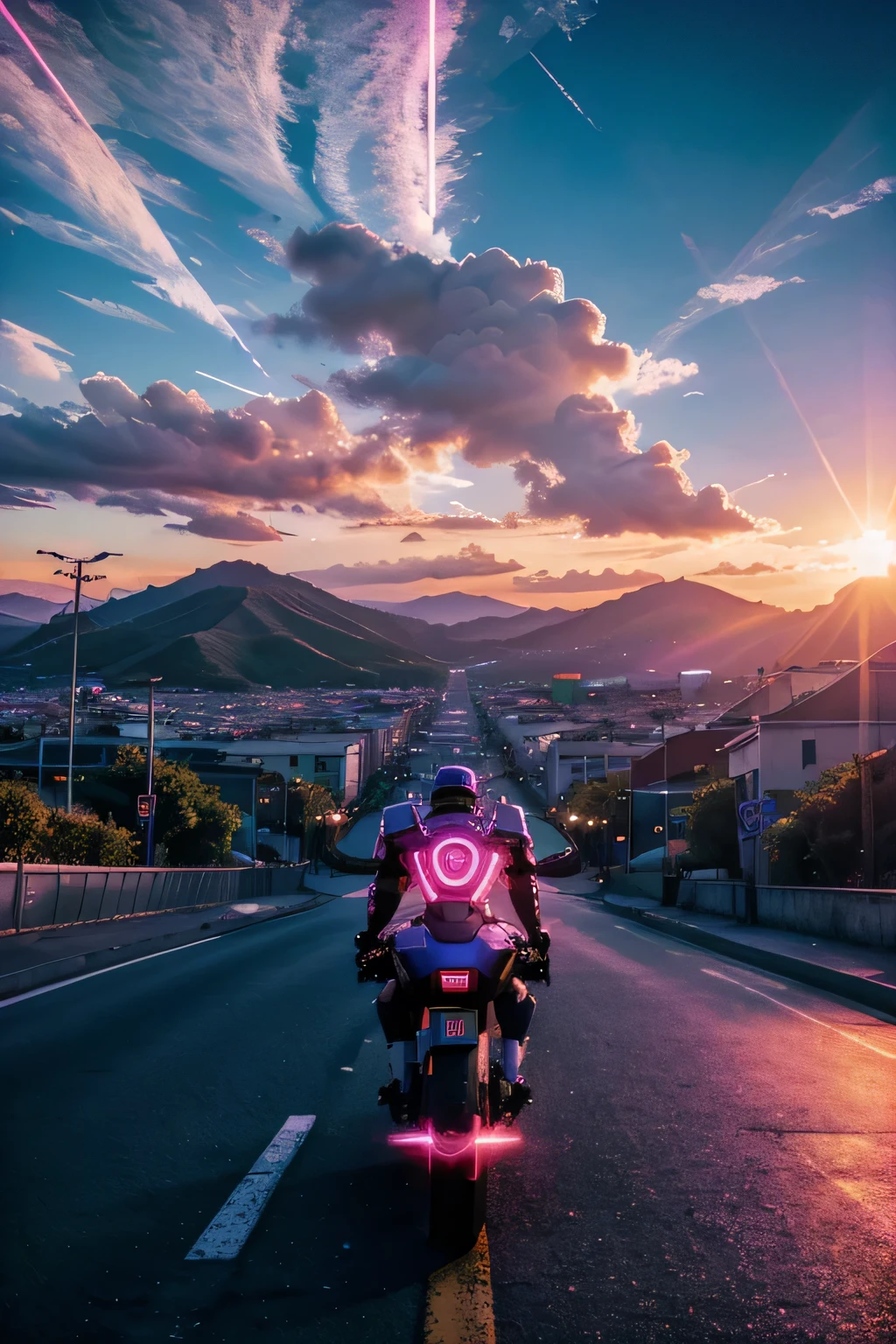 wallpaper, retrowave. City, Transformer Robot, Road, Purple Neon Light, Sun, Mountain, (Artwork, Detailed, High Resolution),