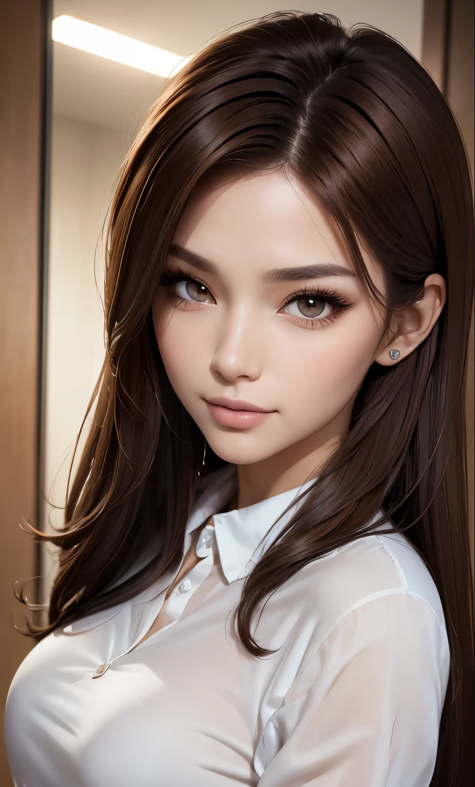 ((Beauty like a model)), ​masterpiece, The highest image quality, ultra-detailliert, (perfectbody:1.2), ((Perfect face+Dark reddish-brown head of hair)), Close up of, (Bob Hair Wolf Cut),Viewer's Perspective, detailed hairs、Detailed eyes(realisticeyes),profetional lighting,(Brown eyes),slenderbody,adult lady,About 28 years old,glamor,kindly smile,Half Girl,Lashes,double eyelid,(Tight white shirt),(skin tanned),8k,