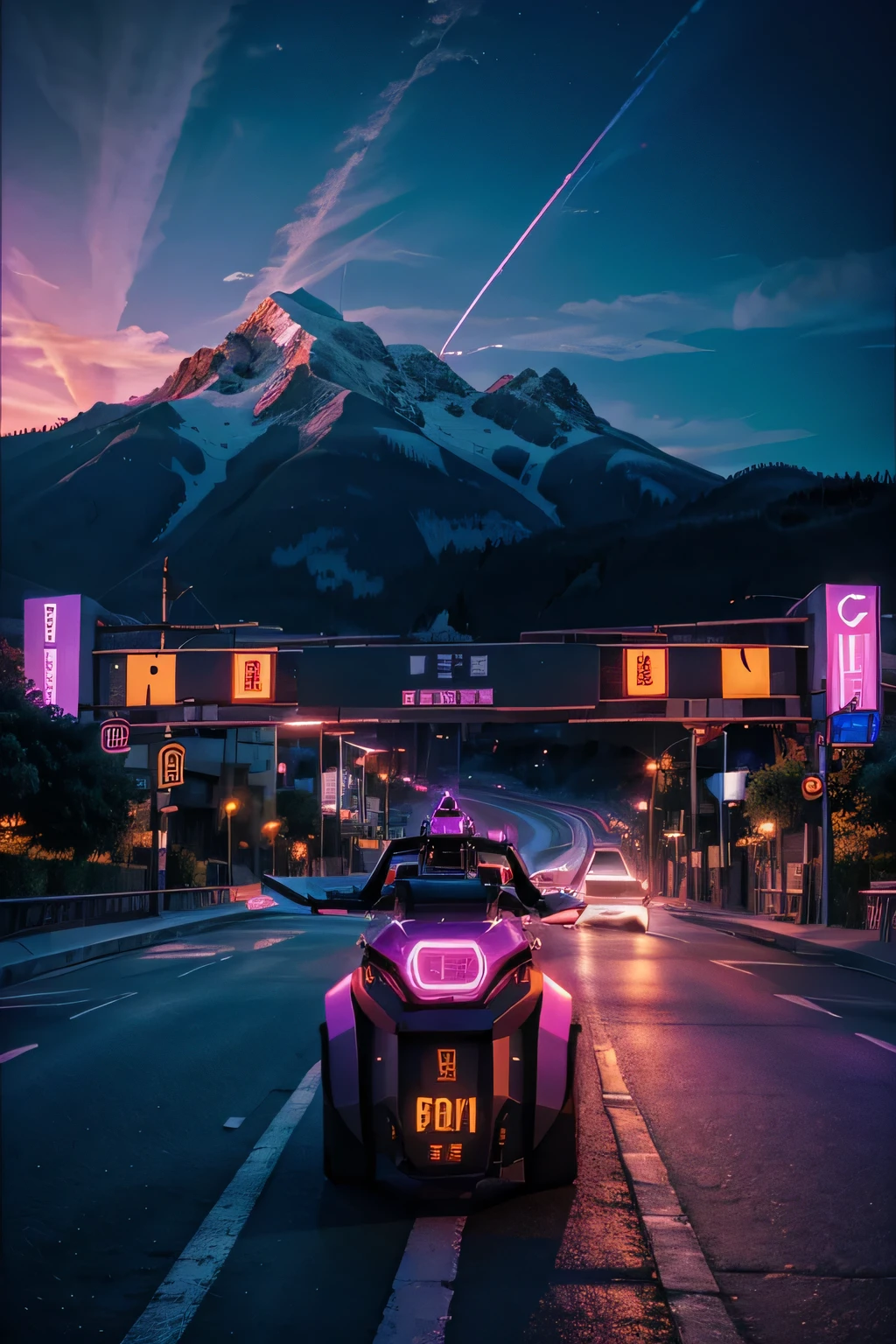 wallpaper, retrowave. City, Transformer Robot, Road, Purple Neon Light, Sun, Mountain, (Artwork, Detailed, High Resolution),
