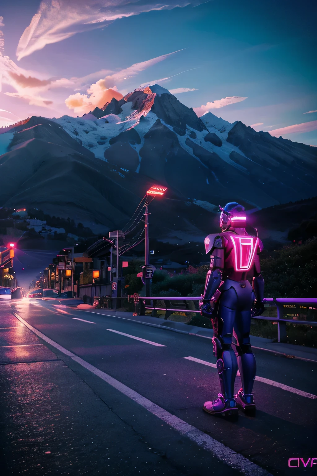 wallpaper, retrowave. City, Transformer Robot, Road, Purple Neon Light, Sun, Mountain, (Artwork, Detailed, High Resolution),
