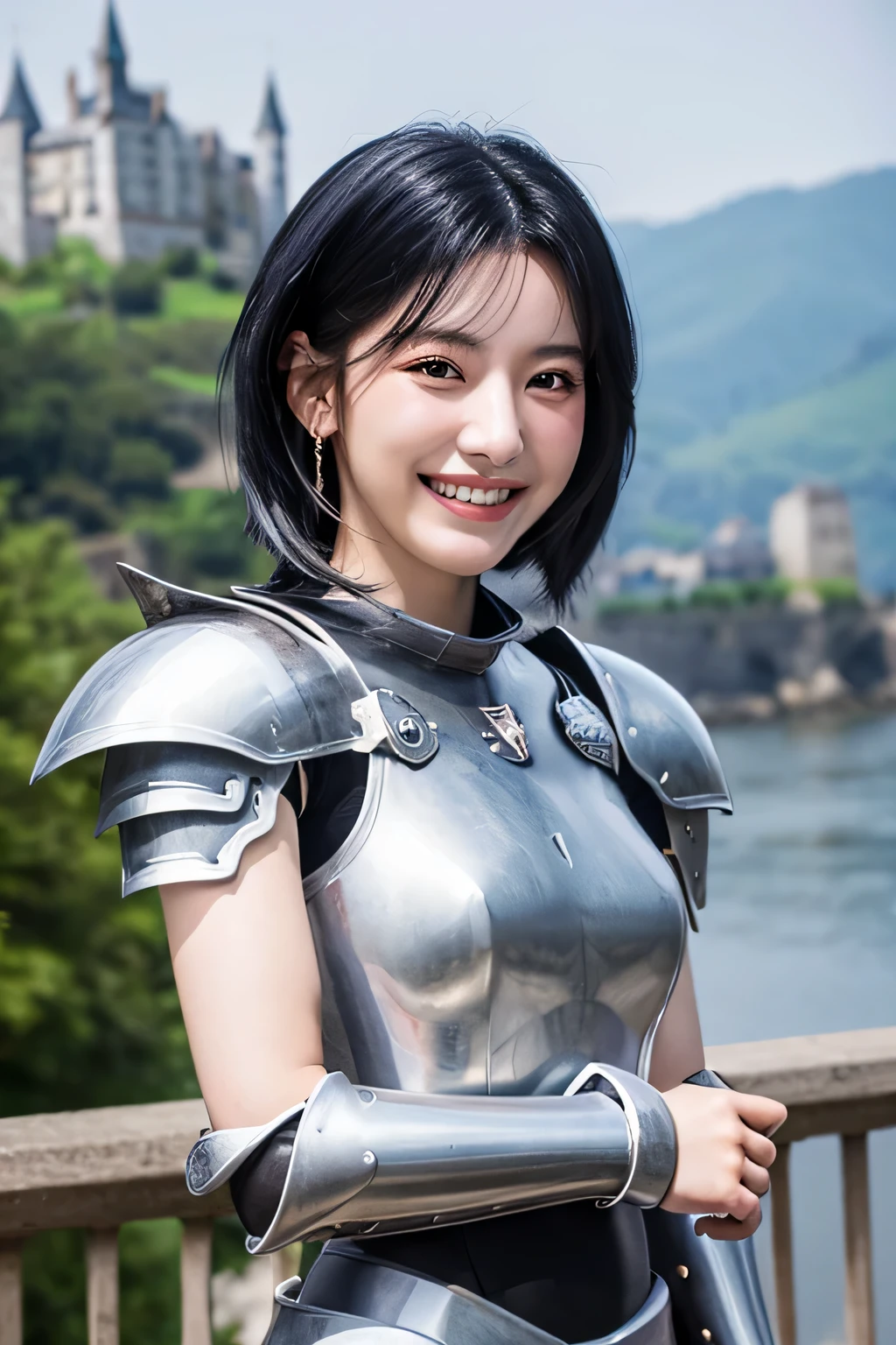 highest quality、4K、The background is a castle、slender body shape、female knight、black hair、smile、beautiful teeth、hairstyle shortcut、ear piercing、full body photo、Luxurious Silver Armor、