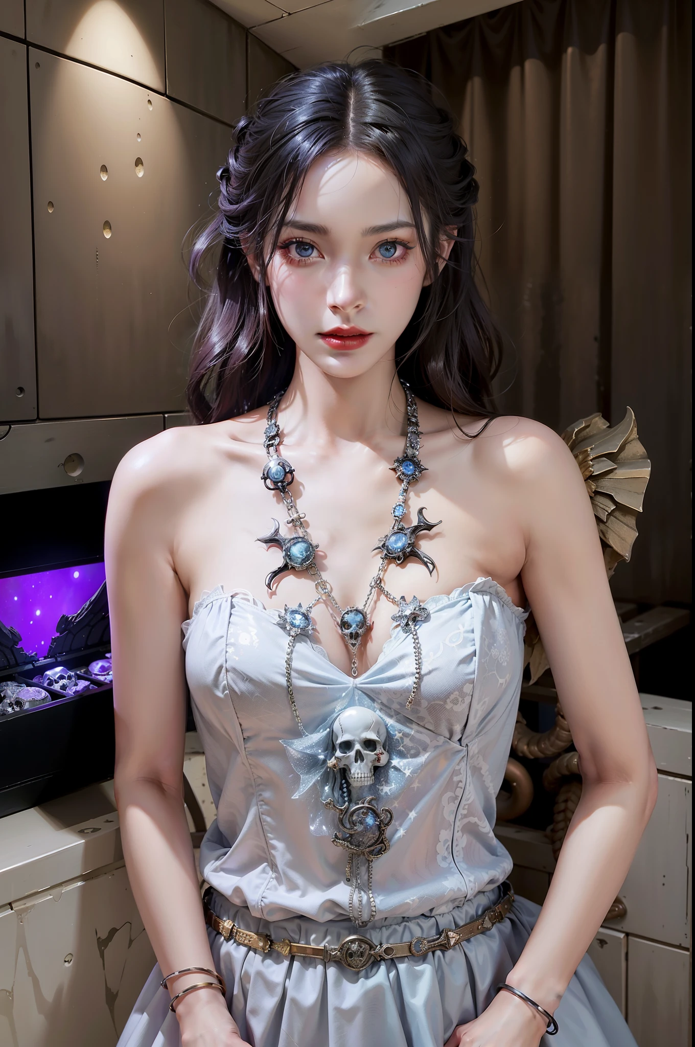 Fine matte painting,Picture of a box full of swords,, wing, succubus theme,fallen angel,Excellent,scary,secret horror,tentacle,have eyes,uncanny valley effect,little beast blood moon,skull skeleton,vampire,hell fire,dark blue eyes(Like the starry sky and the Milky Way),Magic Corner,Lipstick on mouth,Breasts are big,