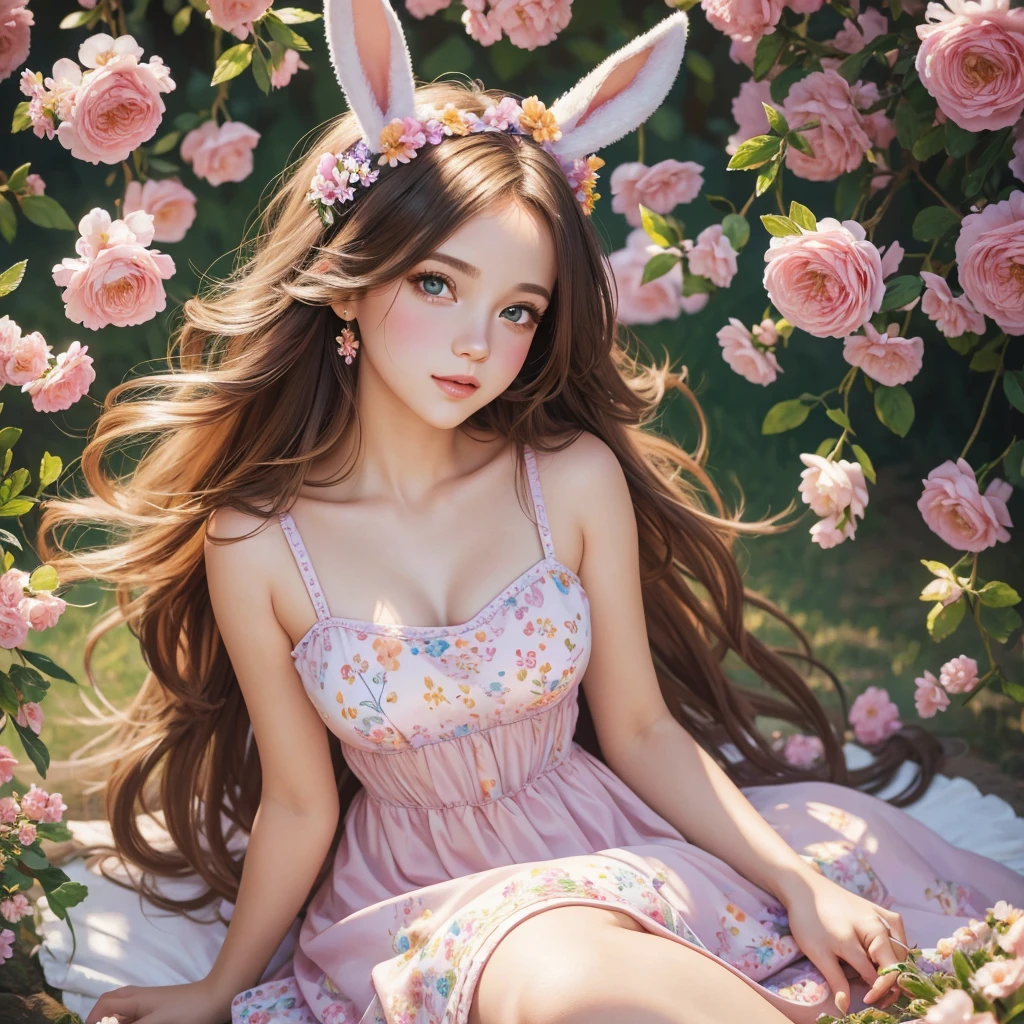 beautiful girls, Easter Bunny, oil painting, vibrant colors, soft lighting, detailed eyes and lips, flowing hair, dainty dresses, playful poses, floral background, realistic:1.2, highres, bokeh