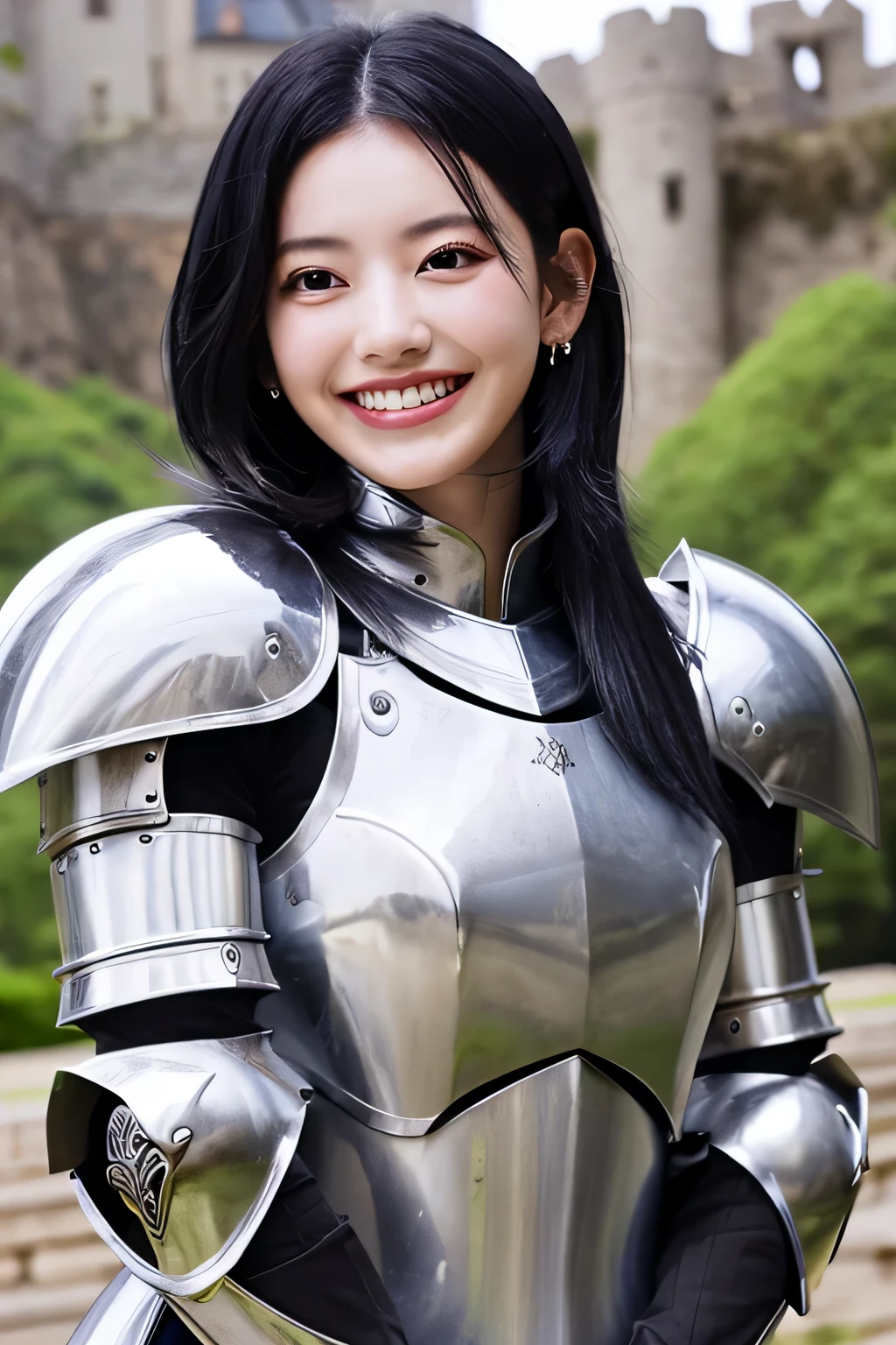 highest quality、4K、The background is a castle、slender body shape、female knight、black hair、smile、beautiful teeth、hairstyle shortcut、ear piercing、full body photo、Luxurious Silver Armor、