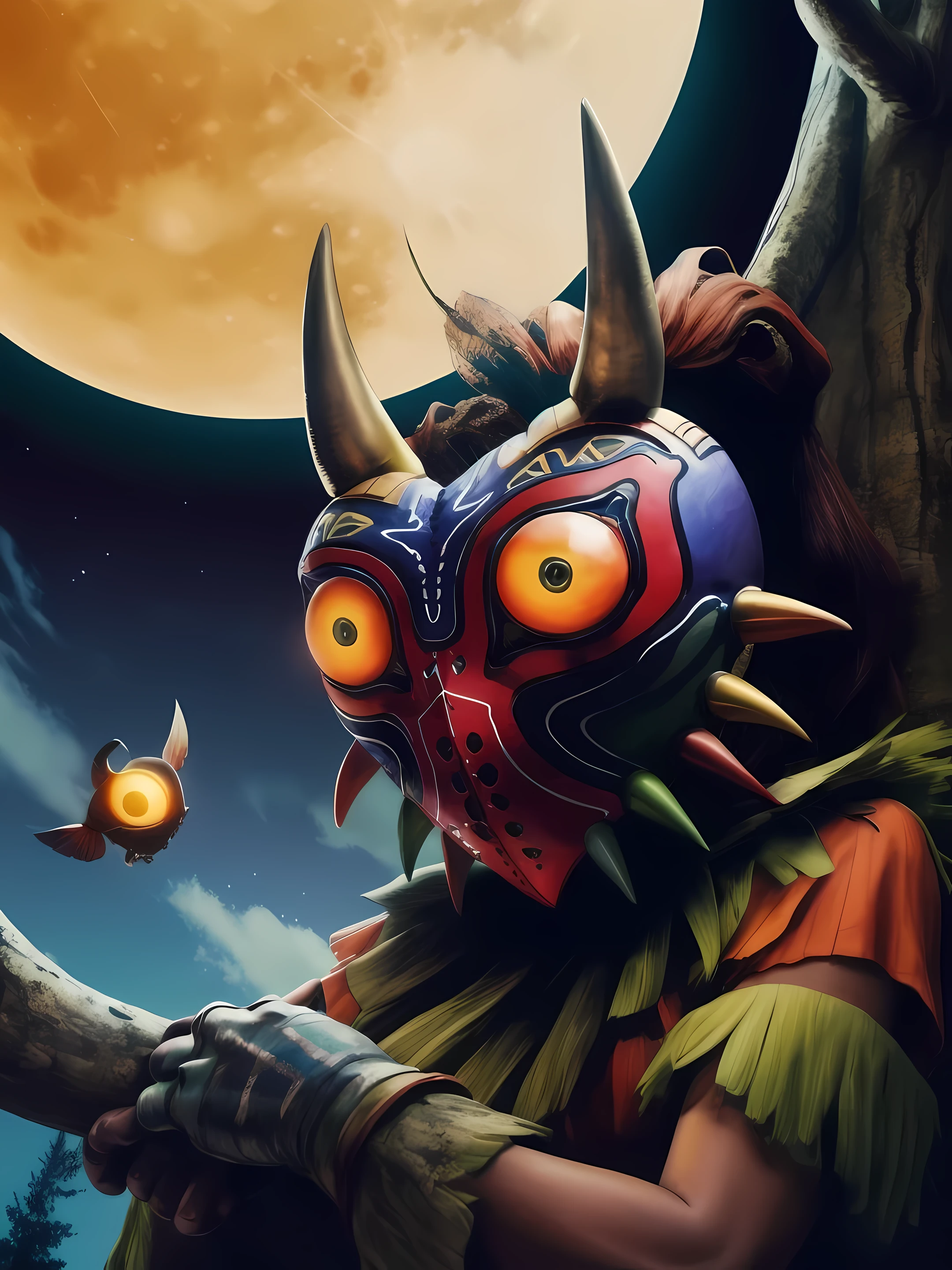 ((masterpiece,best quality)), absurdres, 
Majora_Zelda, solo, 1woman, mask, horns, glowing eyes,
looking at viewer, female focus, outdoors, sky, tree, no humans, night, moon, night sky, full moon, high saturation, detailed