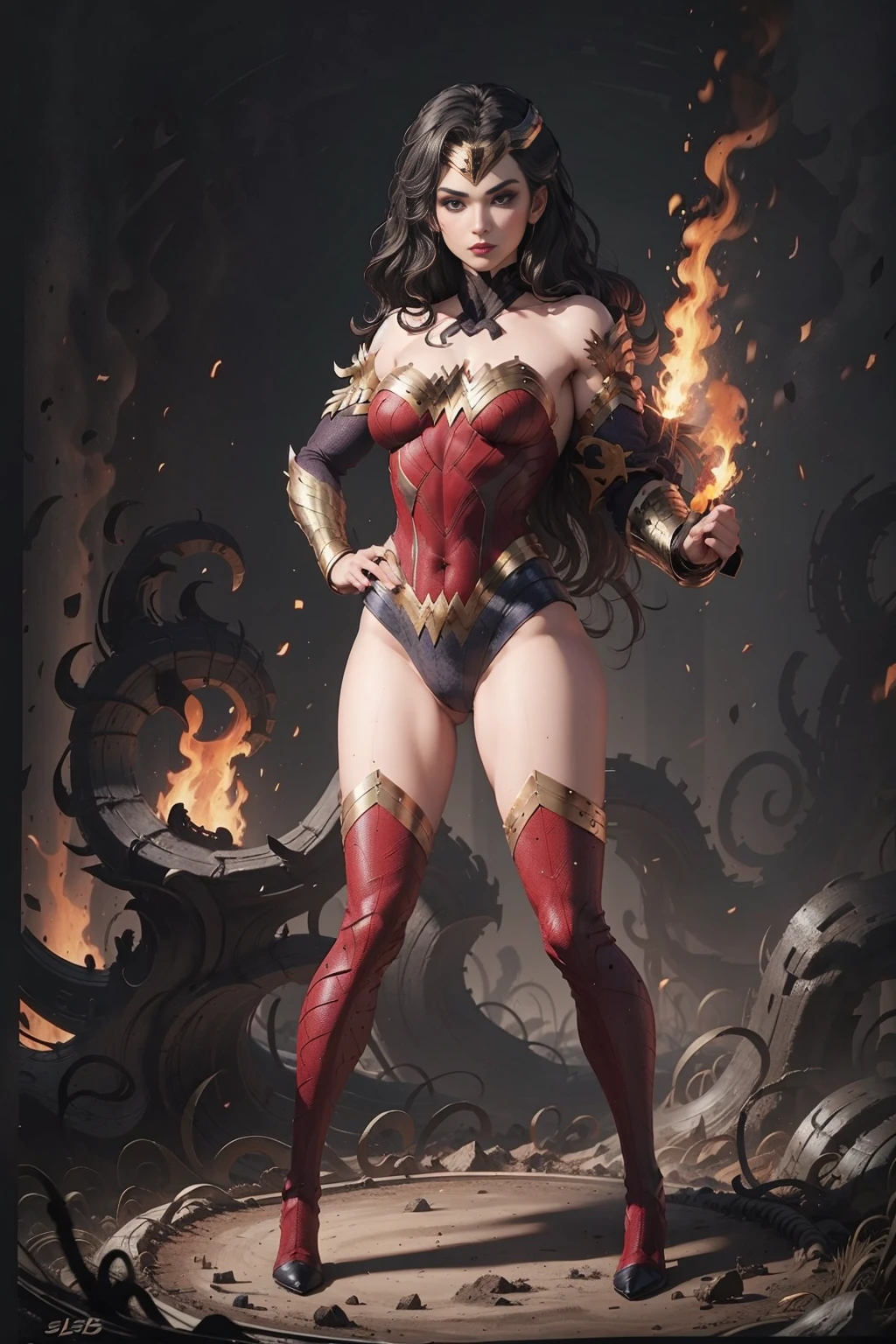 ((Full body photo,standing, feet on the ground))1girl, solo, ((leotard, bare legs)), boots, standing, hands on hip, Wonder Woman