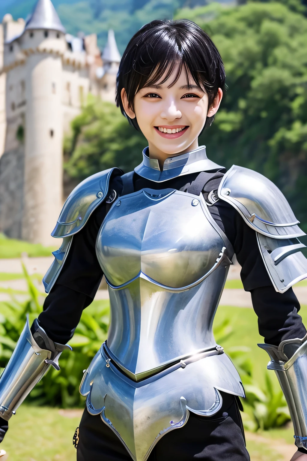 highest quality、４Ｋ、The background is a castle、slender body shape、female knight、black hair、smile、beautiful teeth、hairstyle short cut、ear piercing、full body photo、Luxurious Silver Armor、