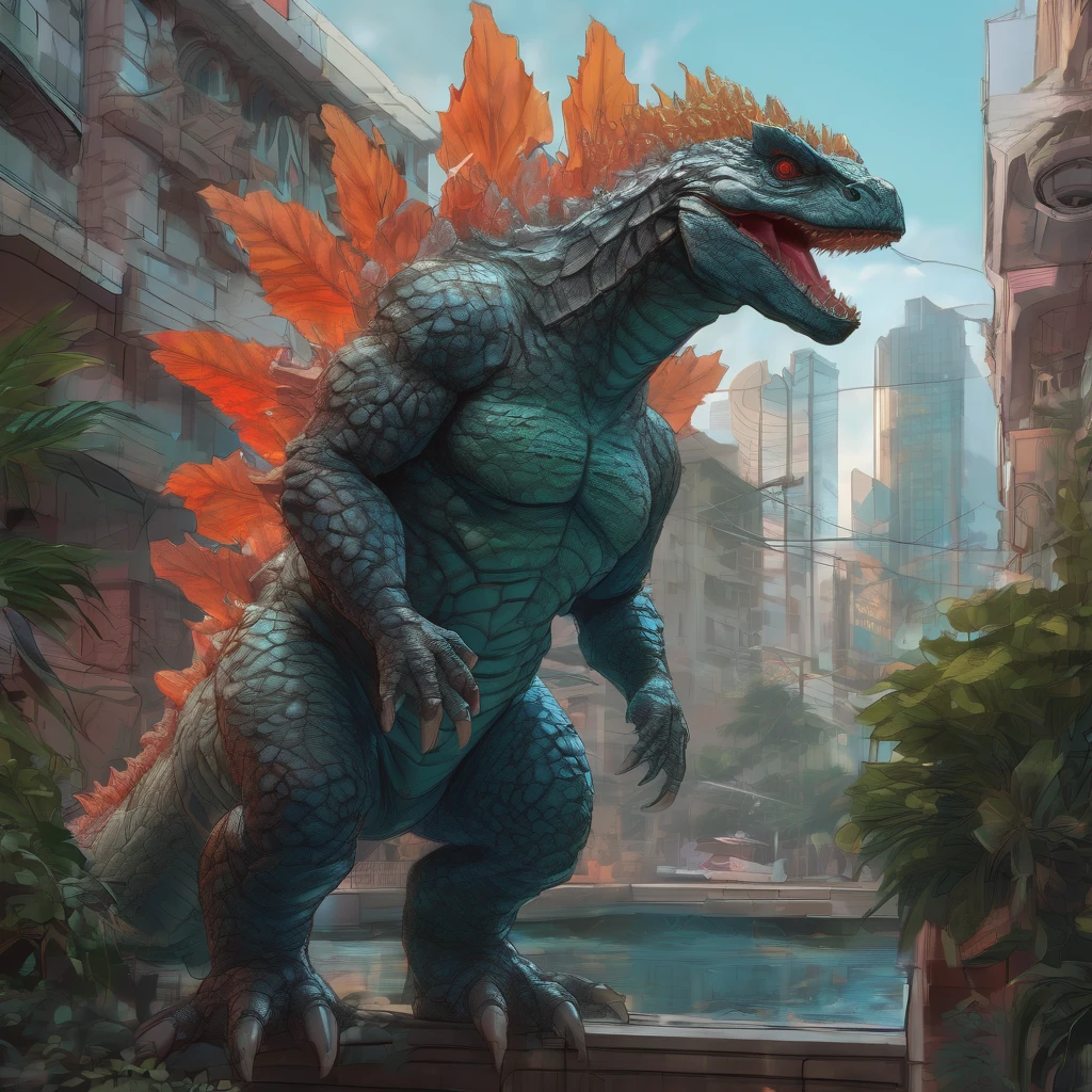 Godzilla, aesthetic, Baby Godzilla wearing a diaper, highly detailed, digital painting, artstation, concept art, smooth, sharp focus, illustration, art by artgerm and greg rutkowski and alphonse mucha
