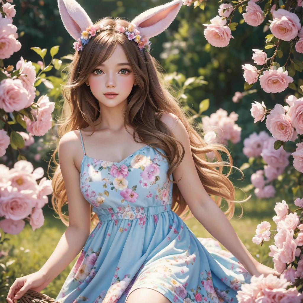 beautiful girls, Easter Bunny, oil painting, vibrant colors, soft lighting, detailed eyes and lips, flowing hair, dainty dresses, playful poses, floral background, realistic:1.2, highres, bokeh