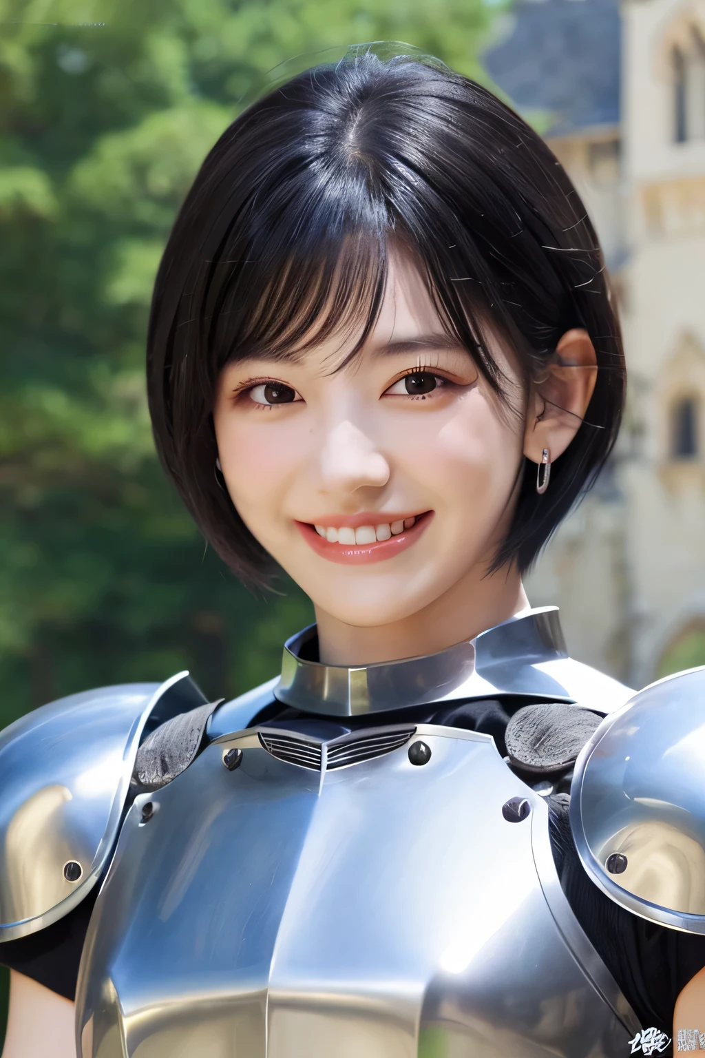 highest quality、４Ｋ、The background is a castle、slender body shape、female knight、black hair、smile、beautiful teeth、hairstyle short cut、ear piercing、Upper body、Luxurious Silver Armor、