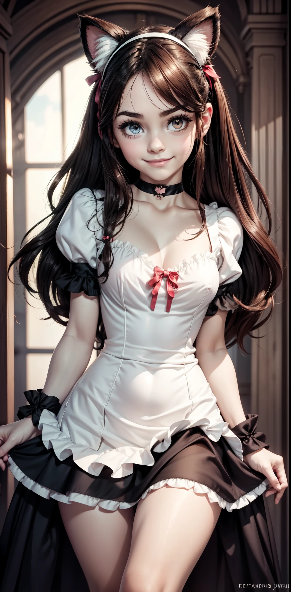 very young slim fit girl, at full height, rounded face, very long disheveled dark brown hair, big brown eyes, shy smile, perfect flat breast, band on head with fake cat ears, gothic ta, parororo, puffy sleeves, short sleeves, choker, frills, bows, ribbons, close microdress, very short dress