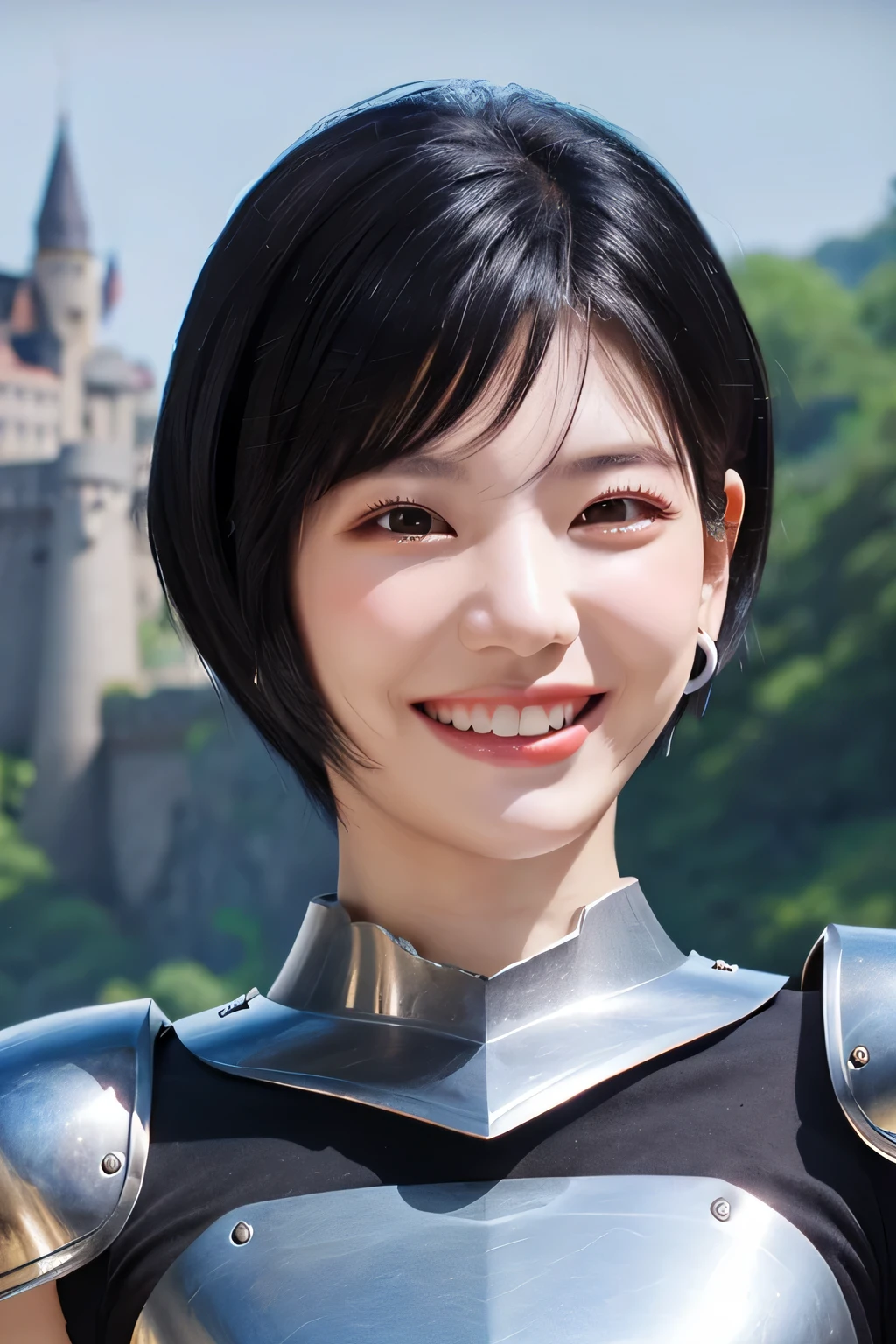 highest quality、4K、The background is a castle、slender body shape、female knight、black hair、smile、beautiful teeth、hairstyle short cut、ear piercing、Upper body、Luxurious Silver Armor、