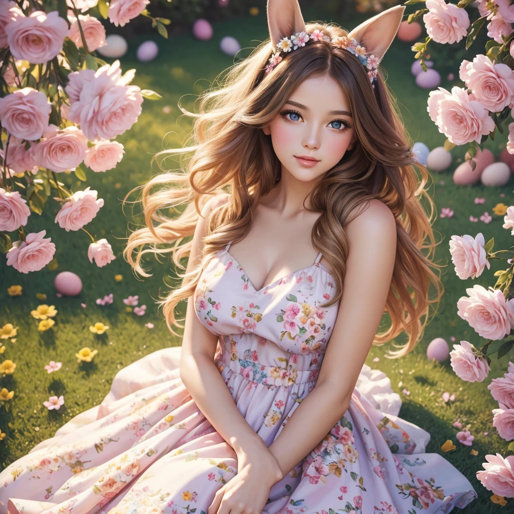beautiful girls, Easter Bunny, oil painting, vibrant colors, soft lighting, detailed eyes and lips, flowing hair, dainty dresses, playful poses, floral background, realistic:1.2, highres, bokeh