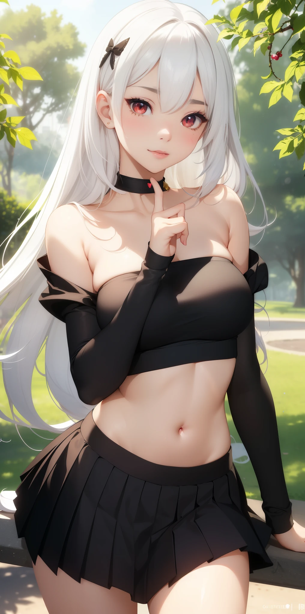 Very small and round breasts, she is a kawaii girl ((she is beautiful and cute)), (white hair, beautiful black, hair clip, bangs), double eyelids, red eyes, clear and detailed, hyper detailed, light effect on the eyes, detailed iris, sensual body, ((strapless cropped top with long sleeves, pleated skirt delicate and elegant, beautiful and cool)), ((masterpiece, hyper realistic, hyper detailed, best quality, 16k, light and shadow on the skin, bright colors)), eyeliner, thin eyebrows, sensual expression, perfect lips, innocent and sexy face, ((skin with light and shadow), beautifully seductive and embarrassed woman, passionate expression, shy smile ((she is a woman beautiful with a beautiful body)), flirting with the viewer, beautiful, charming, ((in the park)), CUTE GESTURE ((elegant sensual pose))