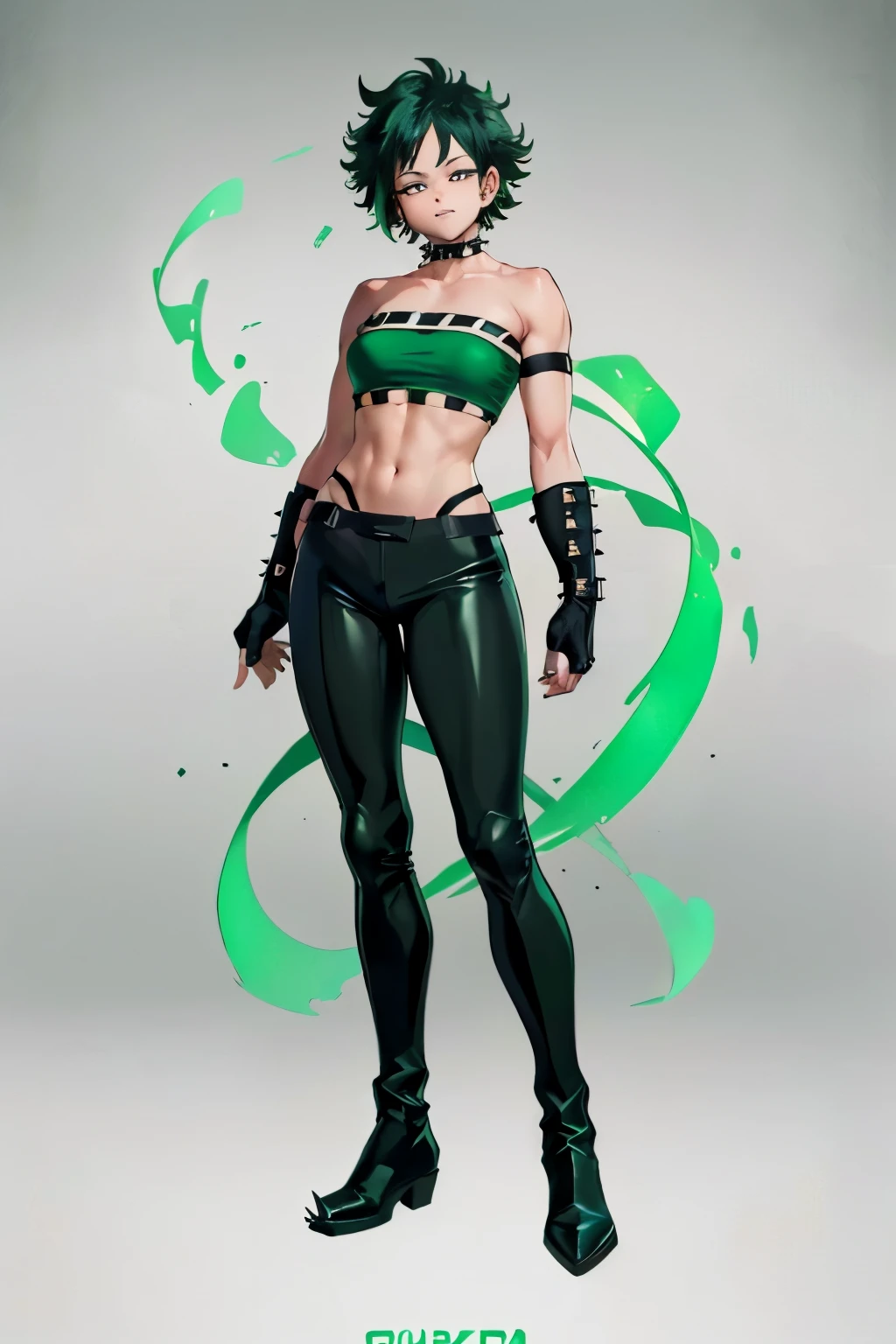 ((((My Hero Academia Style)))), (Inko Midoriya), 1Girl, Goth Woman, ((pale skin)), black lipstick, ((((long straight black green hair with bangs))), choker with spikes, black clothes, big breasts, thin waist, wide hips, attractive face, (((black cowboy boots))), (((cowboy boots))), (((black chaps))), (((baggy chaps))), (((exposed crotch chaps))), ((((black Chaps with exposed crotch)))), (((green thong))), (((exposed crotch with thong))), (((green tube top Strapless))), (((strapless tube top))), (((green tube top))), ((exposed collarbone)), ((exposed shoulders)), abs, ((slightly marked musculature)), ((Bracers studded with spikes)), ((Black fingerless gloves)), ((exposed belly)), ((((full body photo:1.5)))), ((green bikini)),