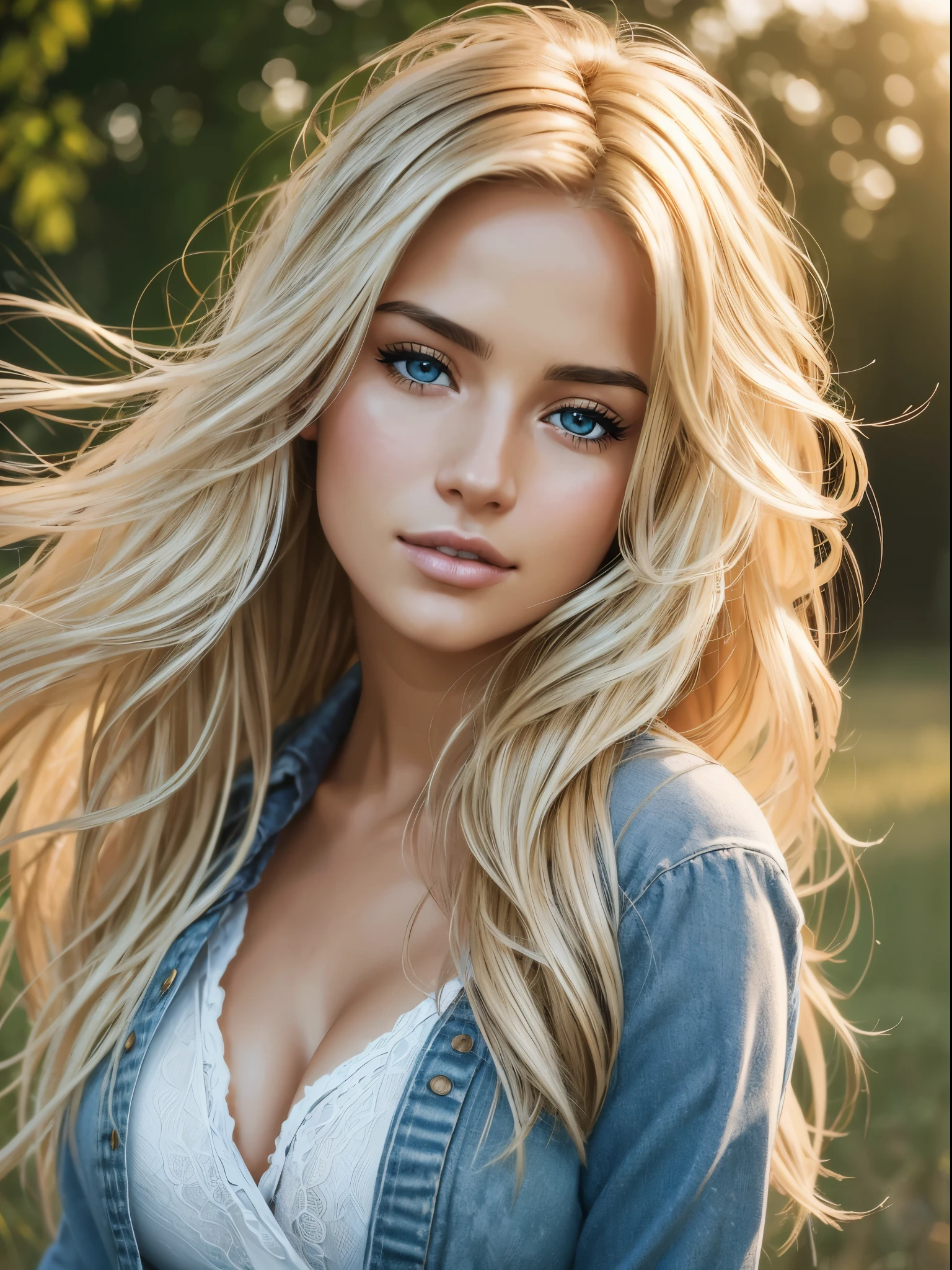 Photorealistic of a insanely beautiful woman with blonde windy messy hair, in the style of panasonic lumix s pro 50mm f/1.4, light beige and dark azure, celebrity images mashups, soft realism, barbiecore, unreal engine 5, 32k uhd, luminous quality, swiss realism, niji 5