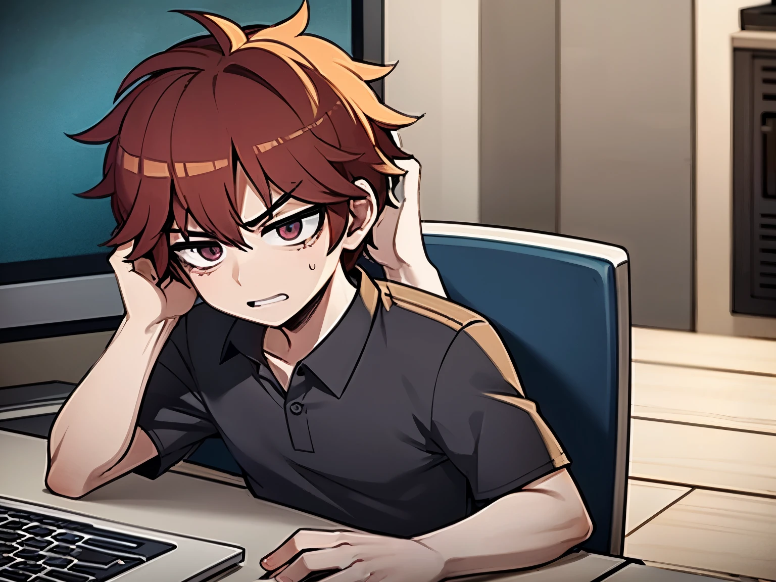 This is a scene of a frustrated boy in front of the computer。