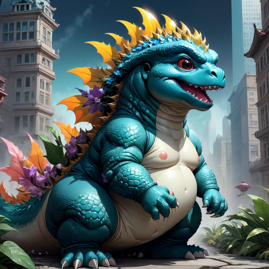 Godzilla, aesthetic, Baby Godzilla wearing a diaper, highly detailed, digital painting, artstation, concept art, smooth, sharp focus, illustration, art by artgerm and greg rutkowski and alphonse mucha