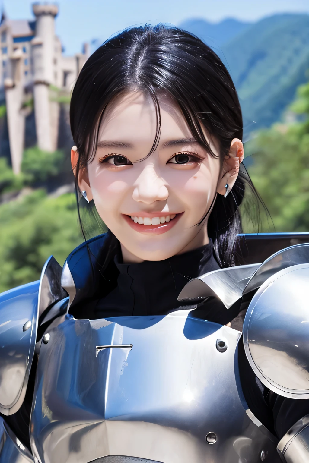 highest quality、４Ｋ、The background is a castle、slender body shape、female knight、black hair、smile、beautiful teeth、hairstyle shortcut、ear piercing、full body photo、Luxurious Silver Armor、