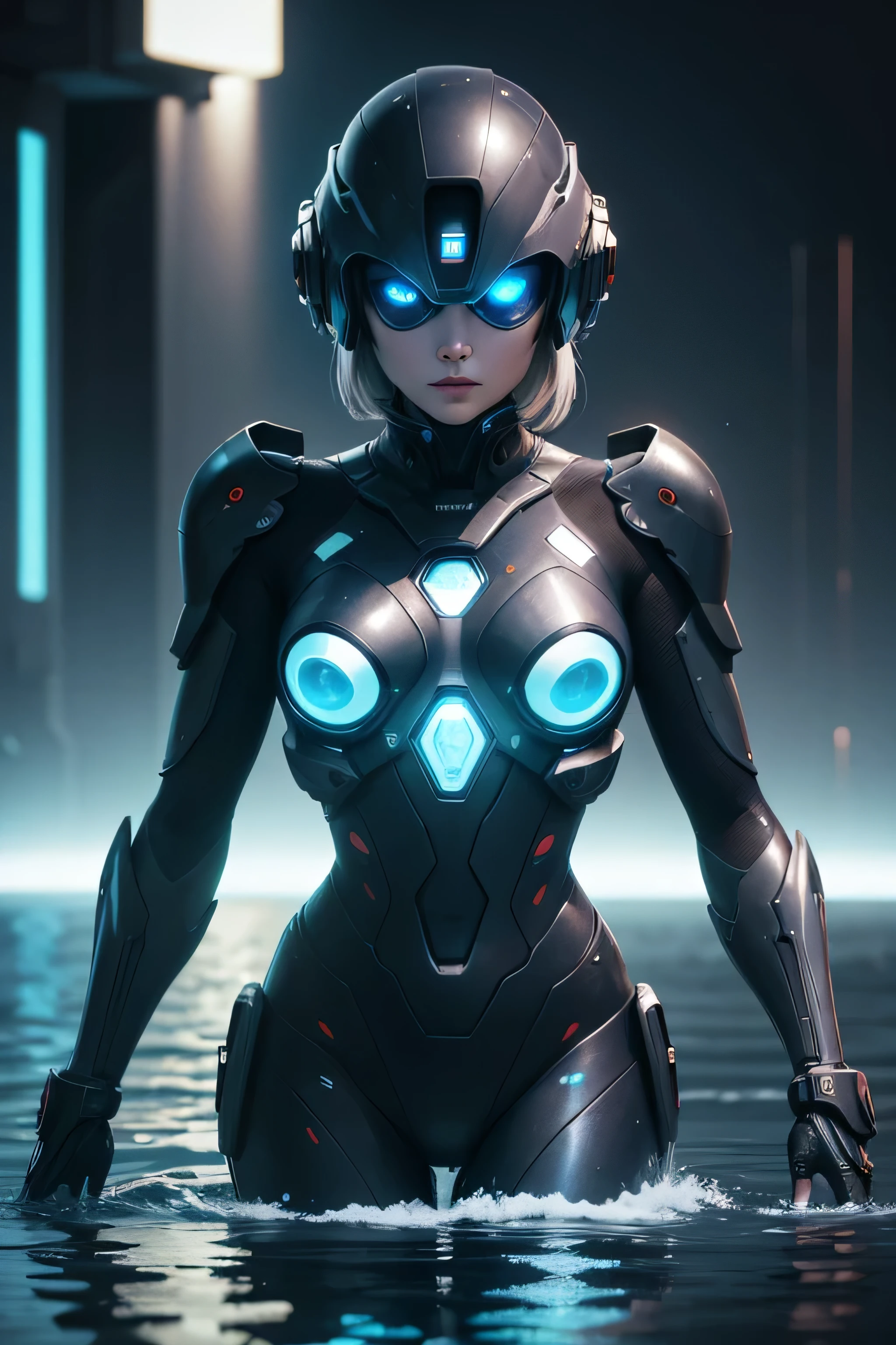 cybernetic woman, head coming out of the water, looking at the camera, camera lenses for eyes, only the head is visible, advanced engineering helmet, complex cybernetic head ultra details, camera lenses replace eyes, surreal, science fiction, night scene with blue cinematographic lighting, ray tracing, reflections and shadows in the water, futuristic action movie scene, masterpiece, maximum quality, 8k, ultra-detailed complex scene